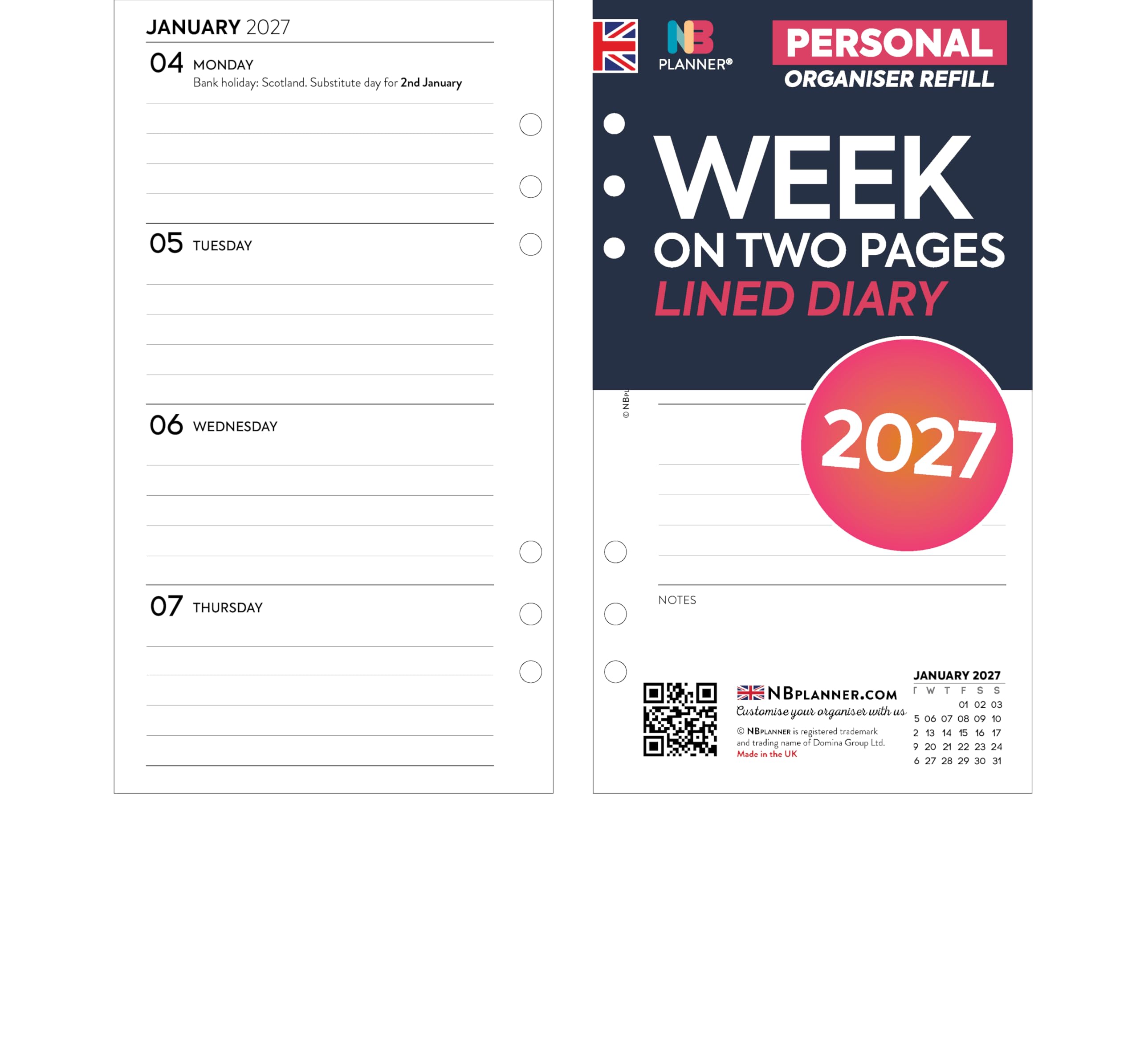 2027 Week on two pages lined diary refill organiser insert | January 2027 – December 2027 | Compatible with Filofax personal size organiser | 95 x 171mm — image 1