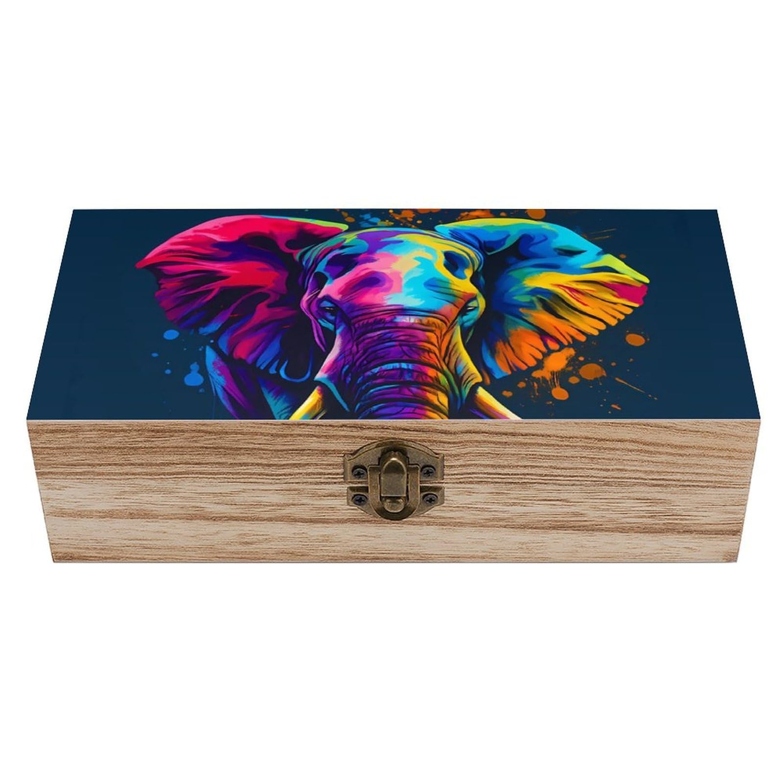 HLBSDM Colorful Splash Paint Elephant Retro Wooden Storage Box Jewelry Art Gift Boxs Decorative Keepsake Boxes