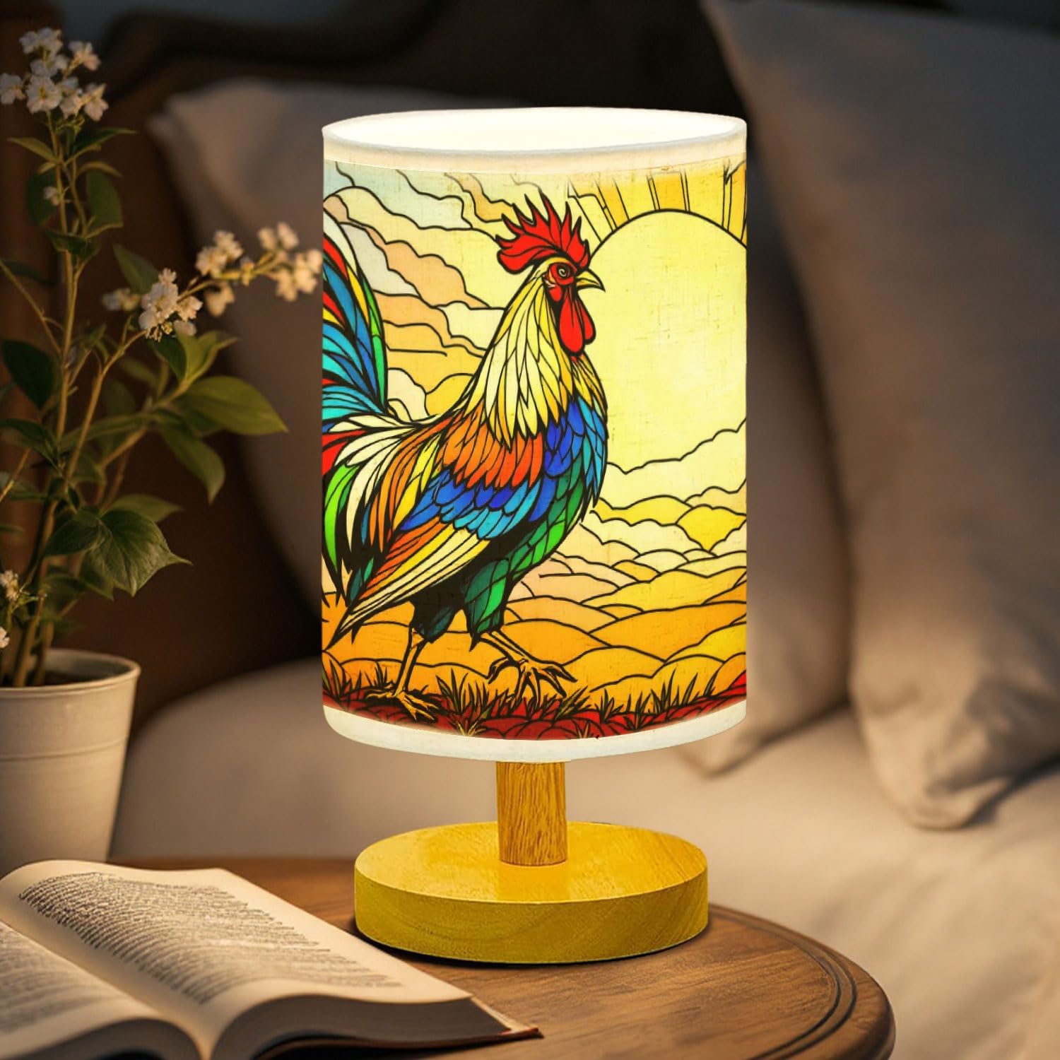 Rooster Table Lamp LED 3-Color Pressed Bedside, Rooster Shade Lamp with Wood Base for Bedroom Living Room Desk Office TL01
