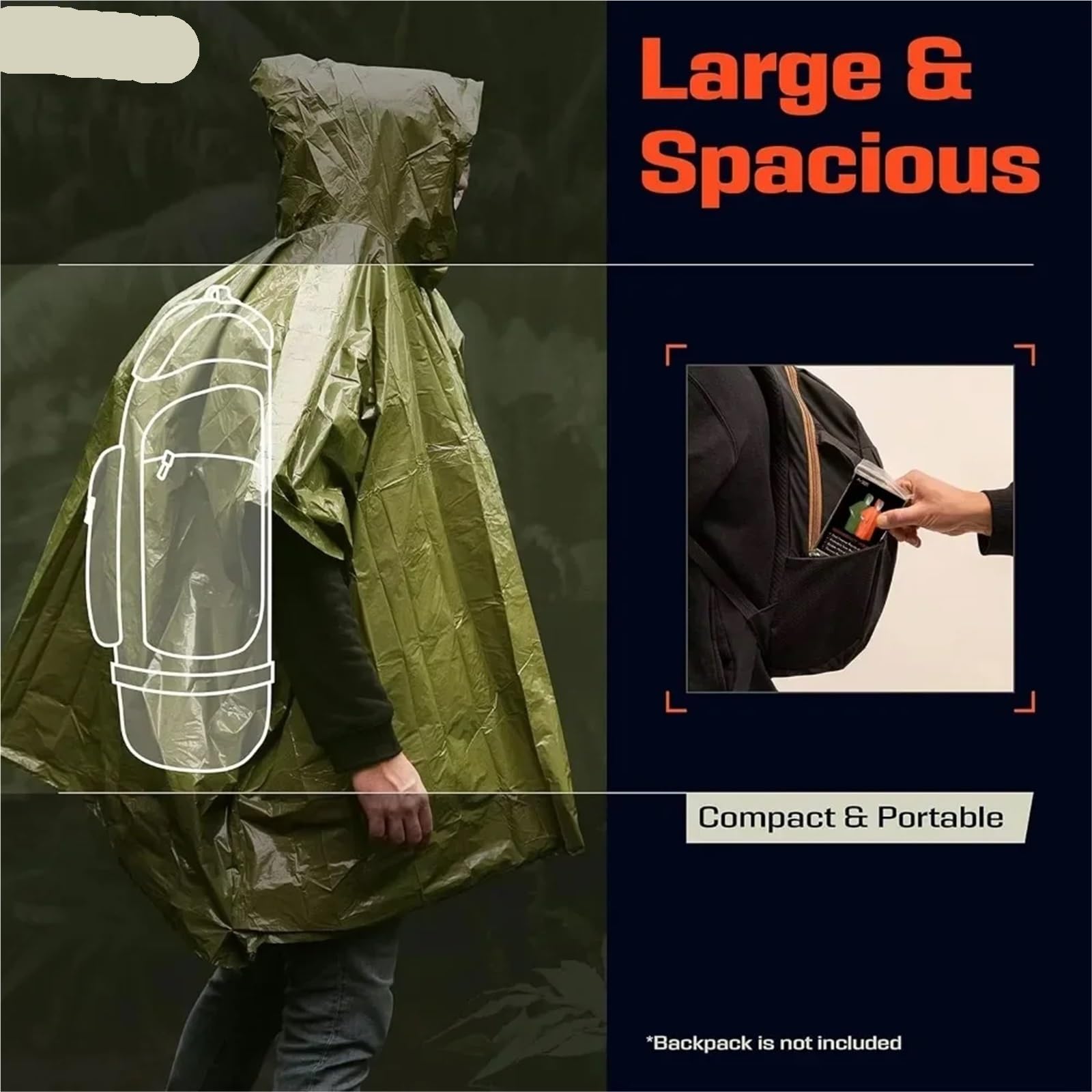 Poncho De Lluvia Chubasquero de emergencia a prueba de agua, Poncho de película de aluminio, ropa impermeable con aislamiento frío, mantas, herramienta de supervivencia, equipo de Camping(Orange)