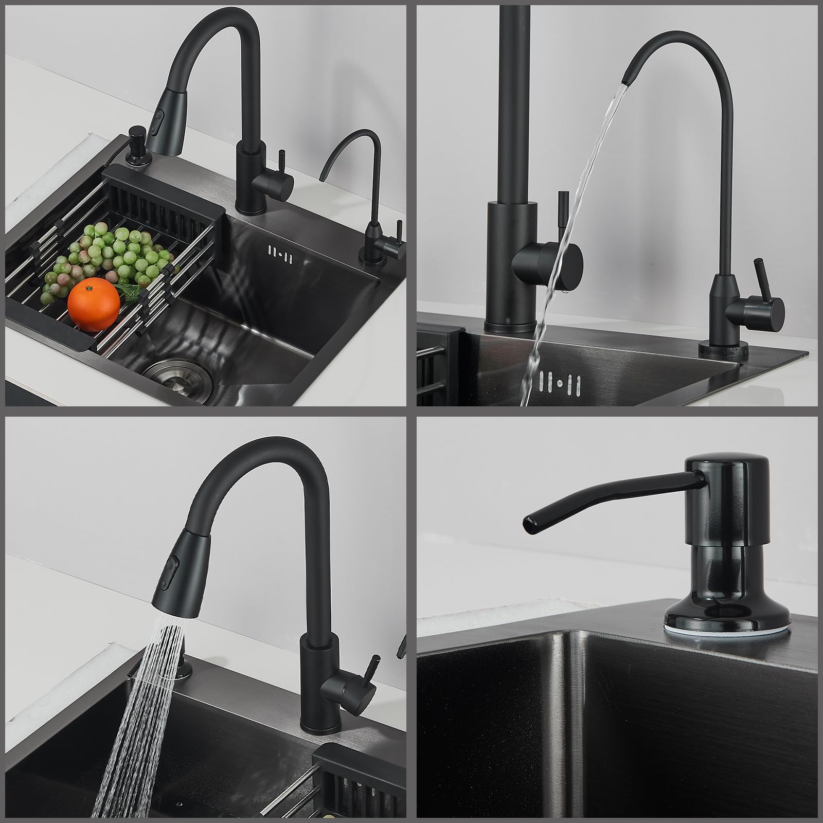 Waschbecken Küche Schwarz Multifunktionale Küchenspüle mit Ausziehbarer Auslauf Seifenspender Reinwasserauslauf und komplettem Installationsset 1 Becken 55 * 45 * 20 cm Edelstahl