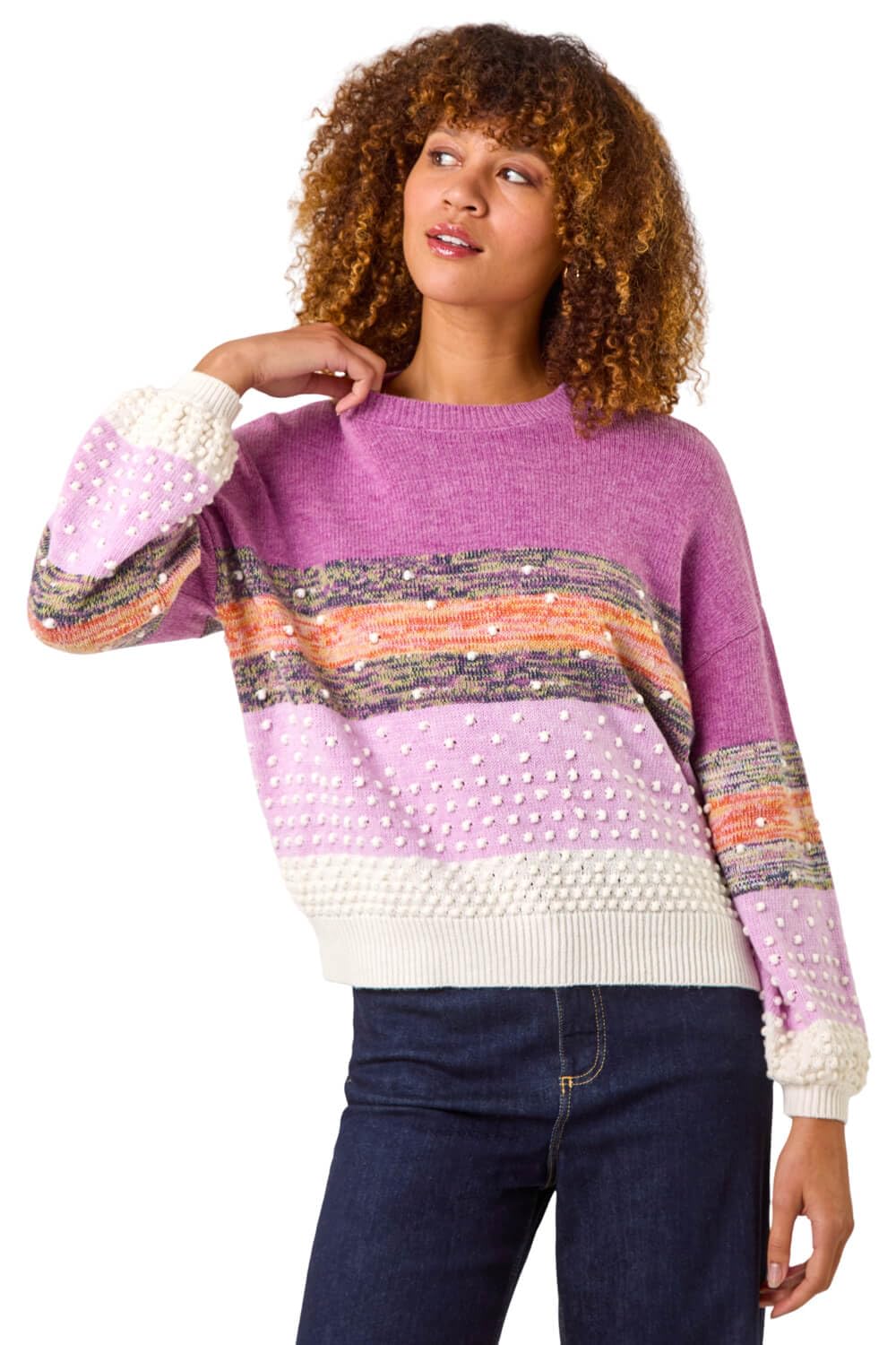 Roman Originals Textured Bobble Knit Crew Jumper for Women UK - Ladies Everyday Autumn Winter Crew Neckline Comfy Soft Evening Vacation Work Party Night Out - Lilac - Size 20