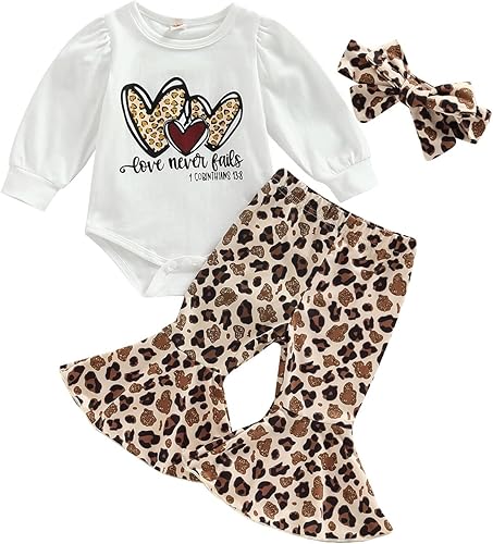 Miniatura 8 de Conjunto de ropa de 3 piezas para bebé recién nacido, con manga abombada, estampado de corazón, pantalones de campana, diadema