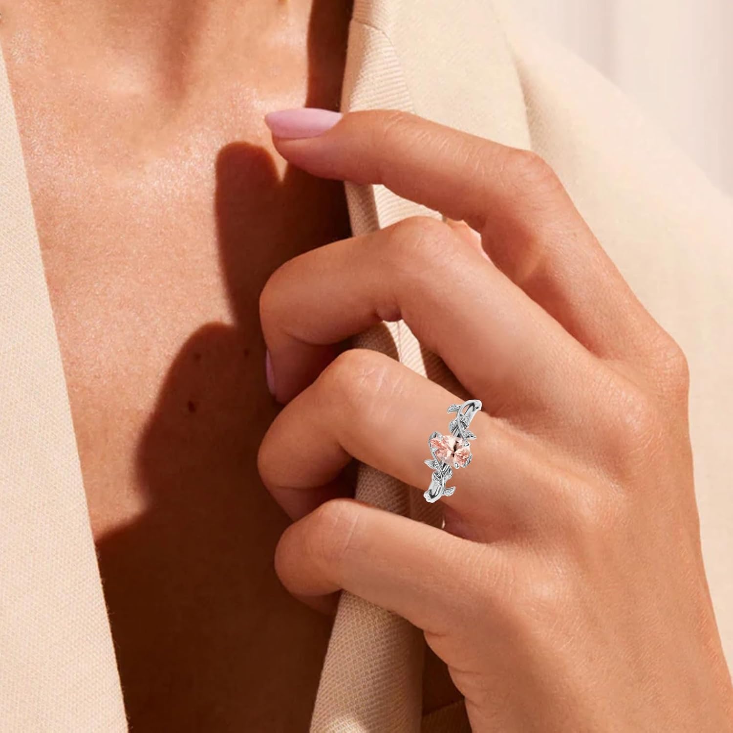 Pear Cut Gemstone Vine Leaf Rings for Women 10K 14K 18K Gold 6X8 MM Gemstone Art Deco Inspired Leaf Ring Promise Statement Anniversary Ring for Her