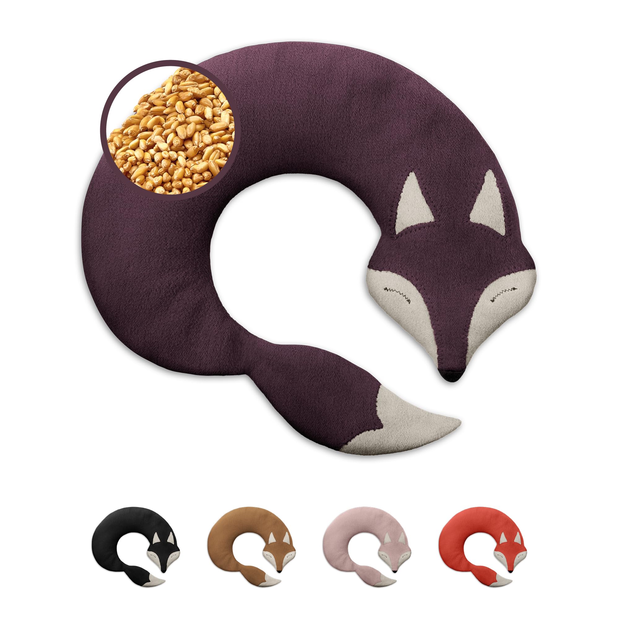 LESCHI Cuscino cervicale termico per microonde - In cotone bio con grano biologico - Cuscino riscaldante ideale per sciogliere tensioni a collo, spalle e schiena - Volpe, viola