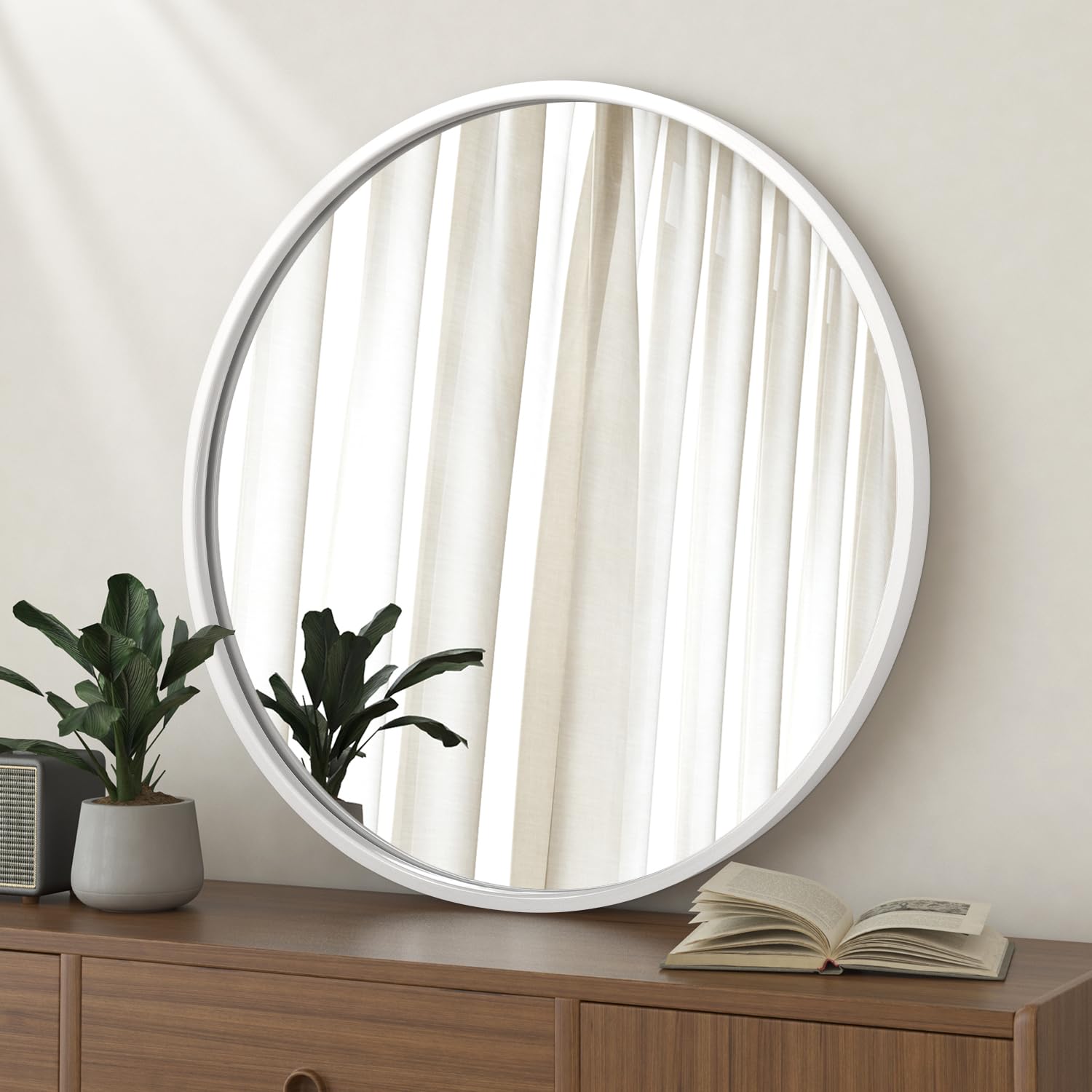 Lzuso Round Mirror Metal Frame Circle Mirrors Wall Mounted Artistic for Entryway Bathroom Vanity Living Room Bedroom Decoration White 70x70 cm โ image 1