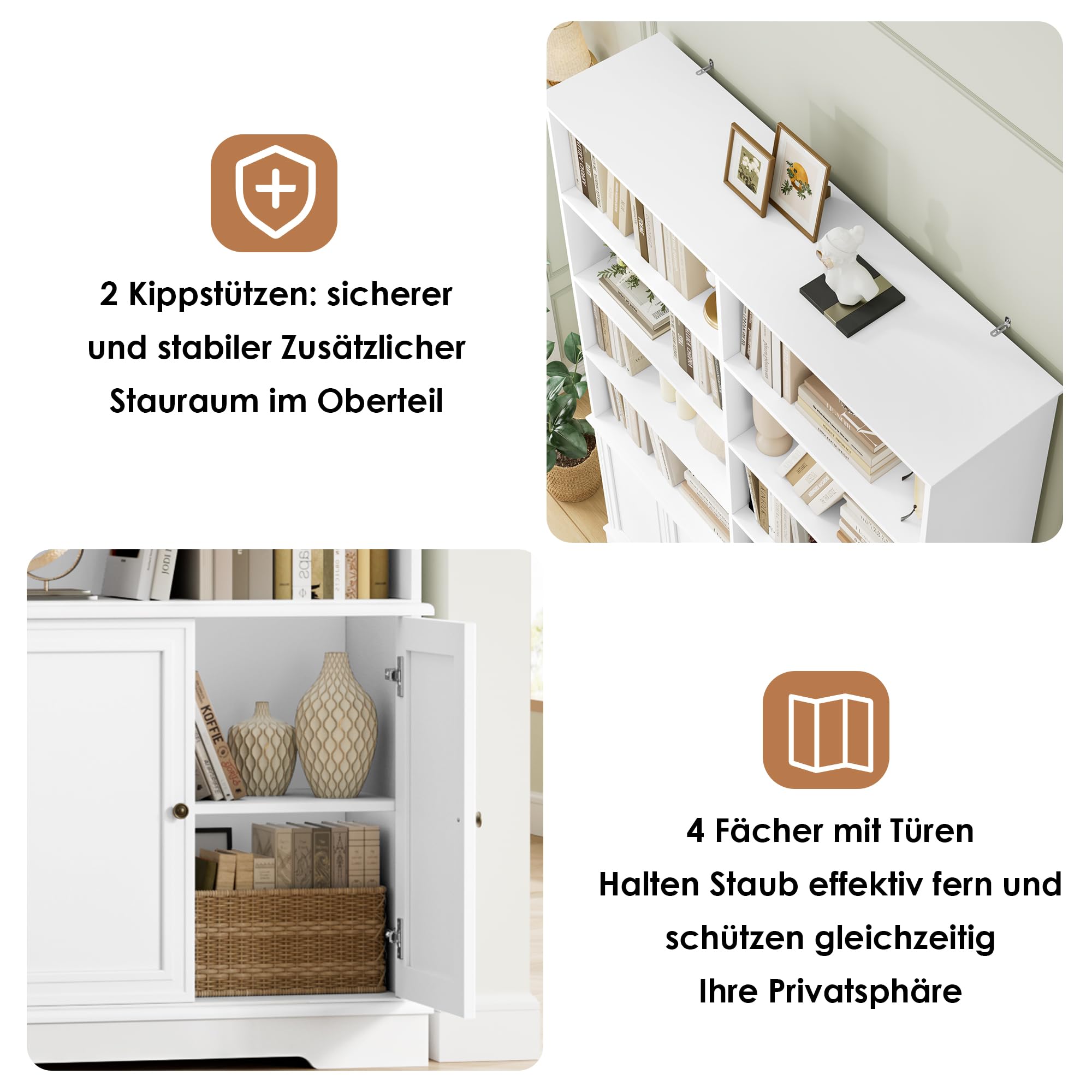 FirFurd 185cm Bücherregal mit Türen Bücherschrank mit 12 Fächern Vitrinenschrank aus Holz Hochschrank Regal mit Türen für Wohnzimmer Arbeitszimmer Büro Küche 185 x 27 x 120cm Weiß