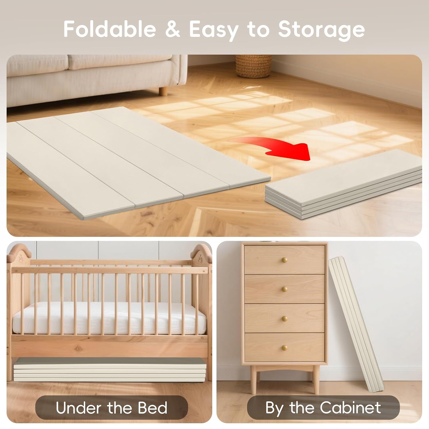 Baby Play Mat Foldable, 1.2" Thick Waterproof Playmats for Floor, Thicken Foam Playmat for Tummy Time, 47x47 Playpen Mat, Portable Baby Floor Mat for Infant, Toddler, Beige