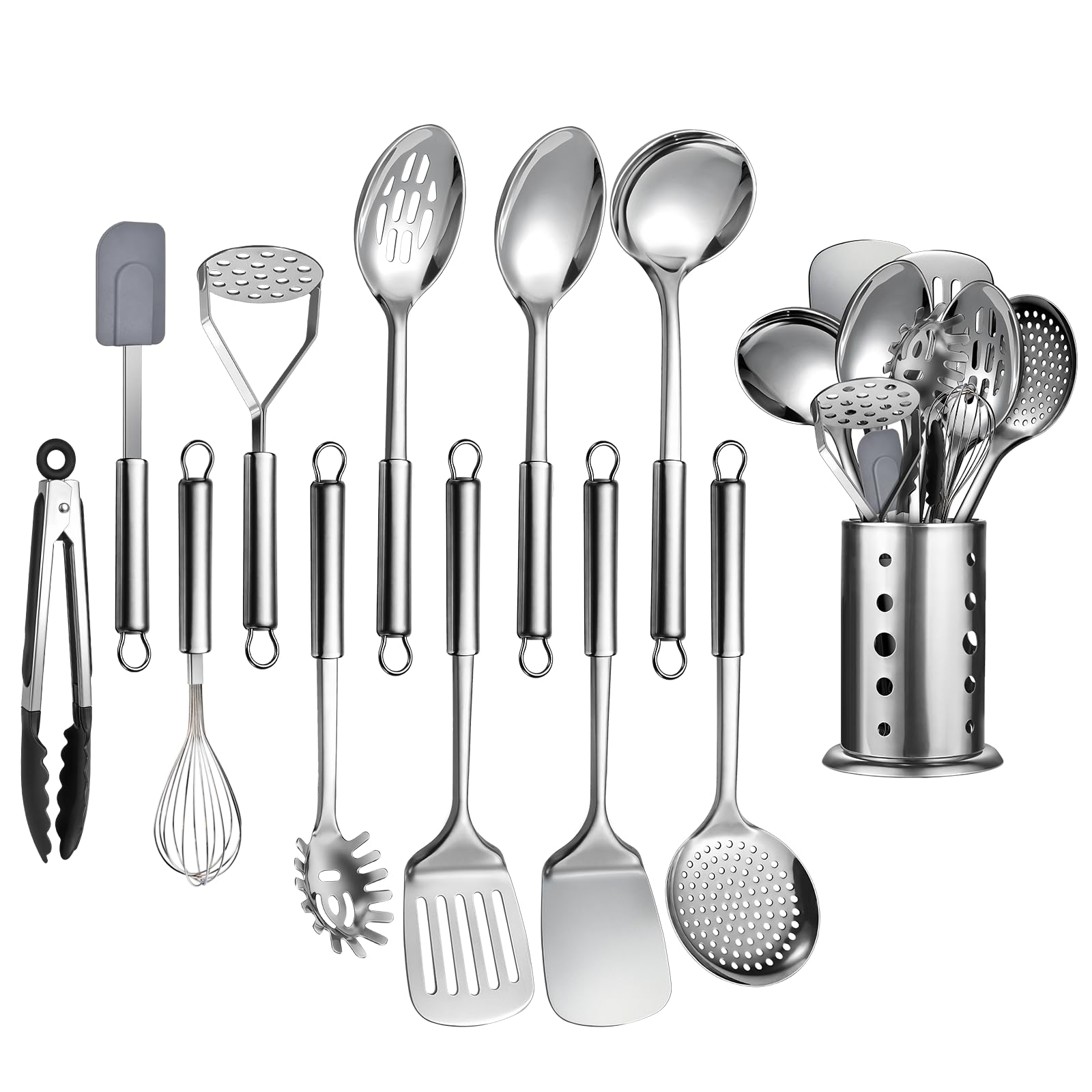 Photo 1 of 12 Pcs Stainless Steel Cooking Utensils Set, Metal Kitchen Tools Include Utensil Holder, Solid & Slotted Spatula, Spoon, Ladle, Pasta Server, Potato Maseher, Egg Whisk,Cooking Tong, Flexible Spatula