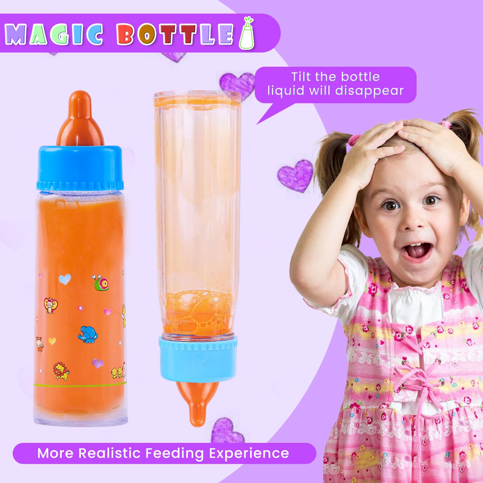 SCOM Accesorios de Biberón para Muñeca Bebé - 6 Piezas Juguetes de Biberón, Leche y Jugo que Desaparecen Mágicamente, Conjunto de Juego de Simulación con Chupetes Regalo para Niños Morado