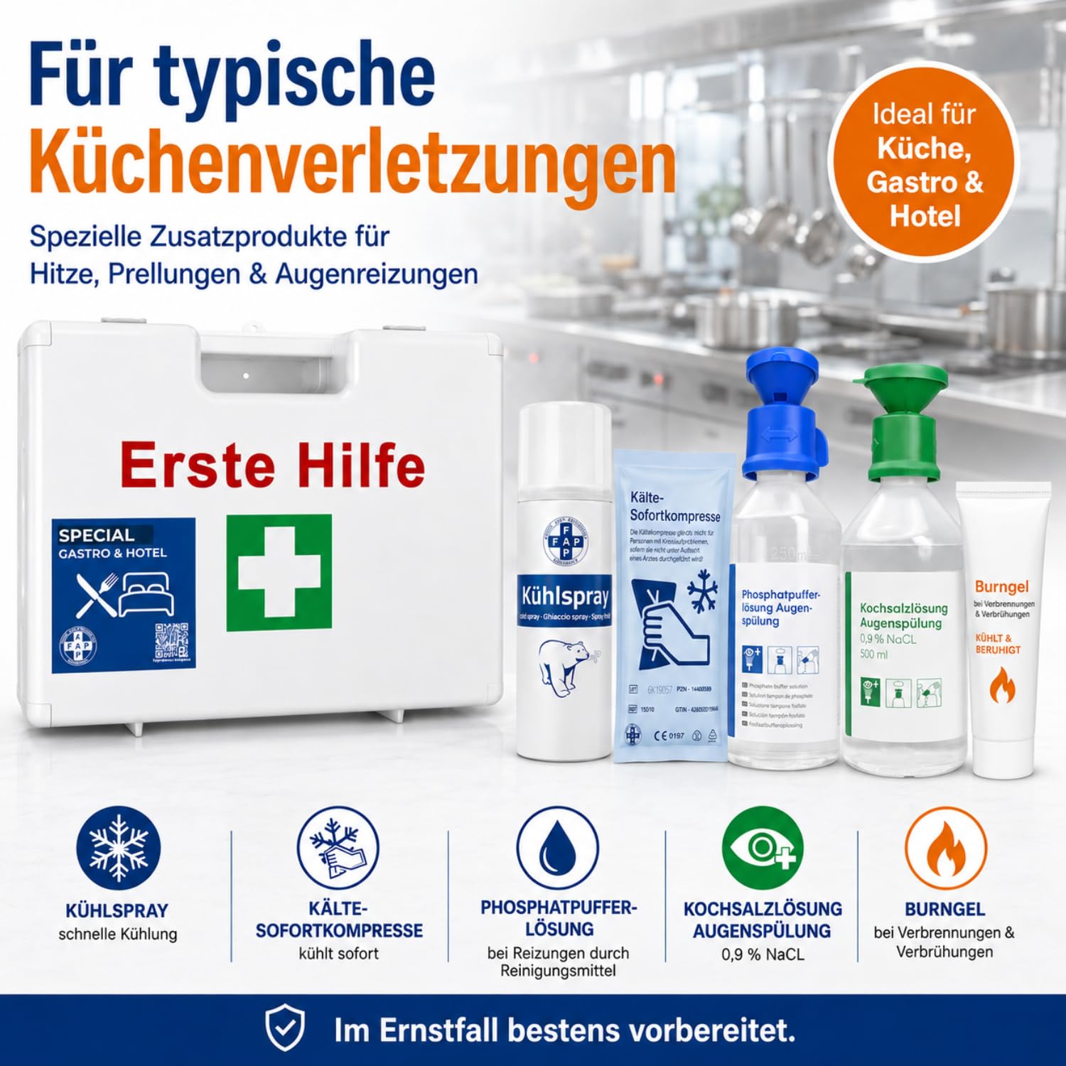 First Aid Products Erste-Hilfe-Koffer Gastronomie Hotel DIN 13157 gefüllt - Weiß | Detect-Pflaster HACCP & Burngel | Gastro Küche Restaurant, Betriebsverbandkasten Wandhalterung - 33×42×15 cm