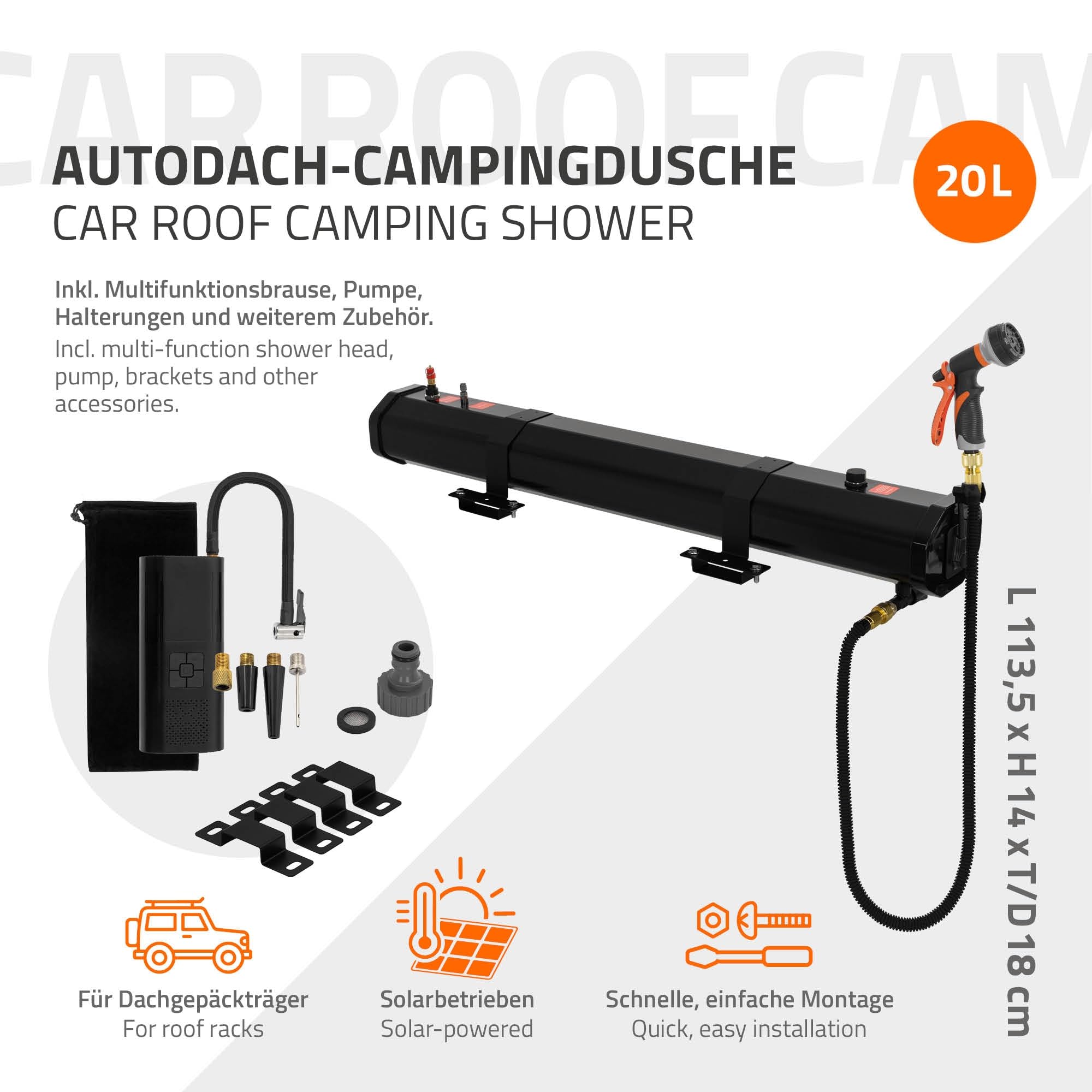 ML-Design Doccia Solare Campeggio 20L/30L per Tetto Auto, con Pompa e Doccetta, Riscaldamento Solare, Serbatoio Acqua Portatile con Sistema a Pressione, per SUV e Fuoristrada, Doccia Esterna Outdoor