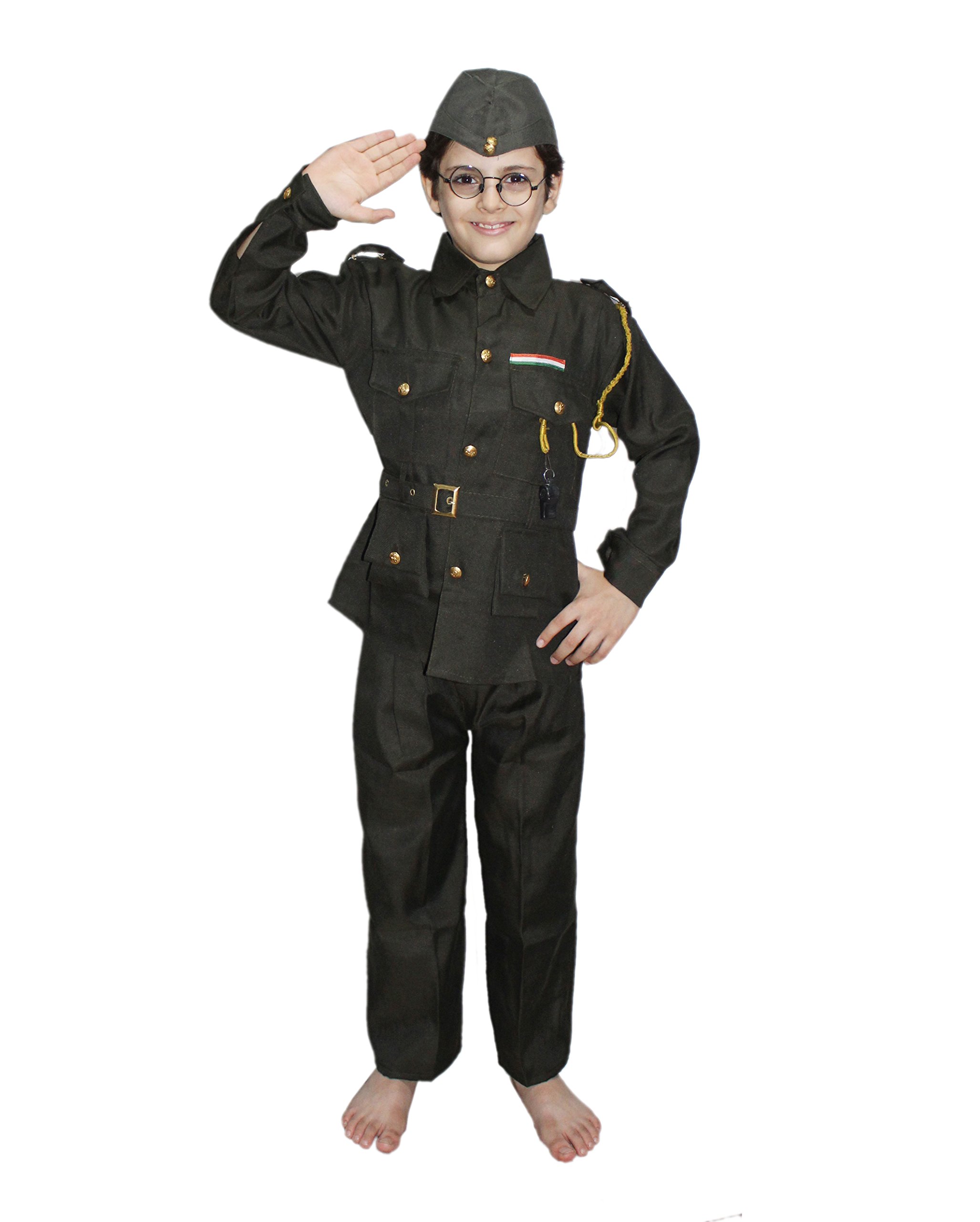 Kaku Fancy Dresses National Hero/ Freedom Fighter Subhash Chandra Bose Costume Green, 78 Years