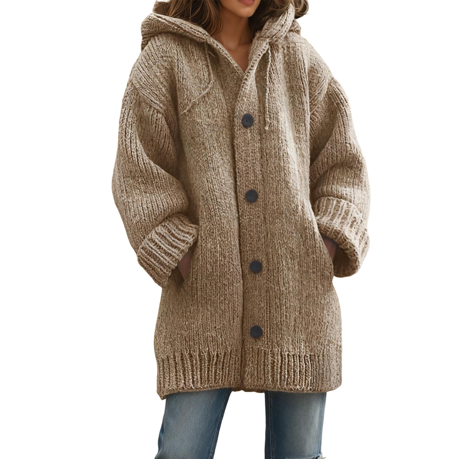Womens Winter Knitted Thick Cardigan Hoodie Sweater Coat Drawstring Long Sleeve Buttons Down Warm Coat with Pocket