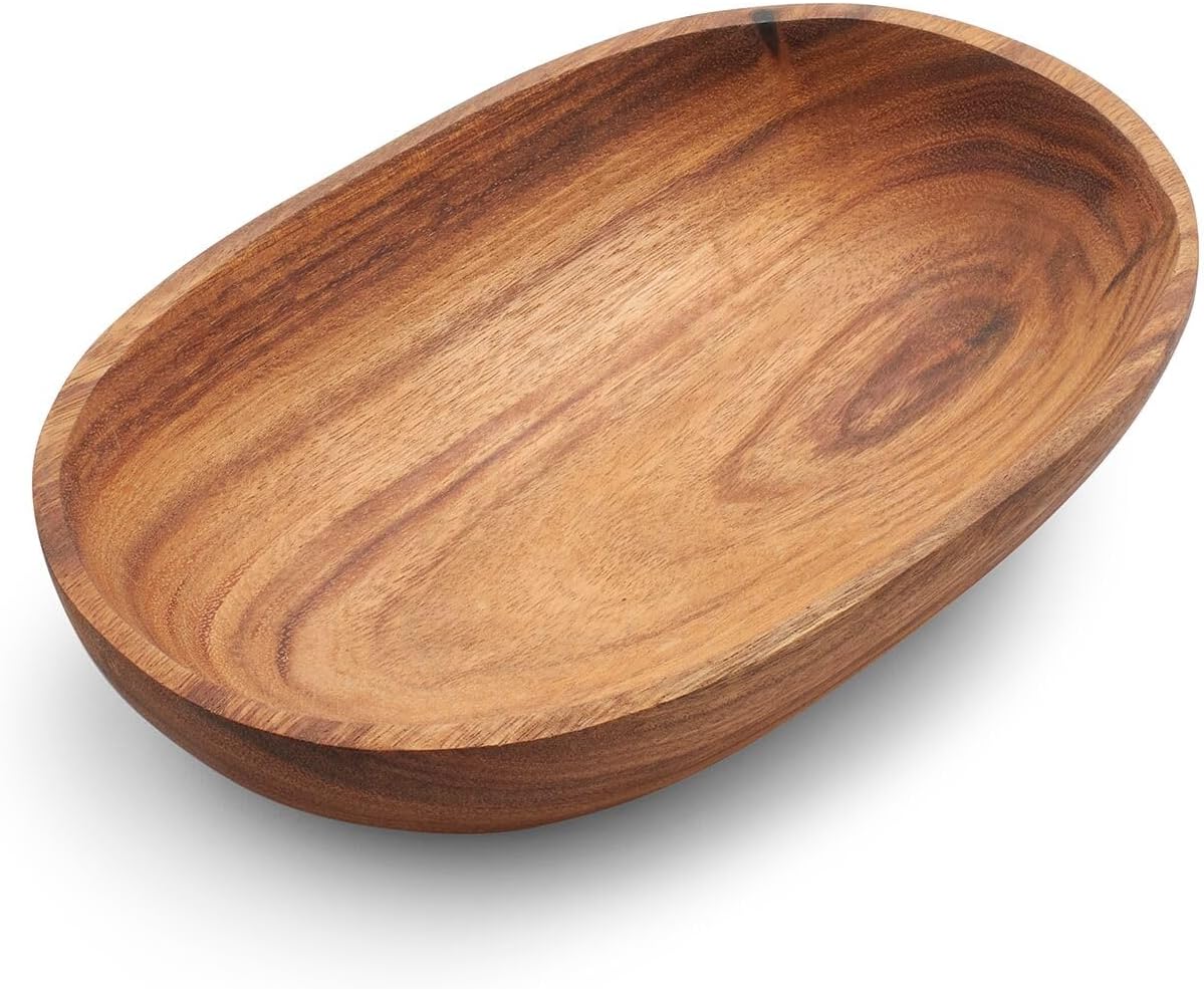 Sur La Table Acacia Oval Serving Bowl, Natural Acacia Wood Oval Bowl for Salads, Pasta, Bread and Family-Style Serving