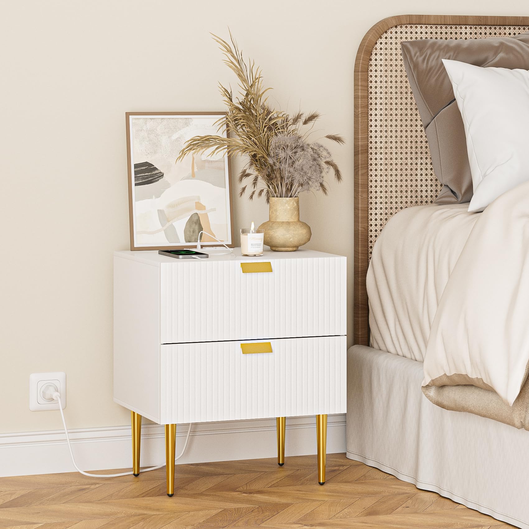 Nightstand with Charging Station, Dresser for Bedroom, Fluted Night Stand, End Table for Living Room, Mid Century Modern Bedside Table with 2 Drawers, Furniture White Stripe
