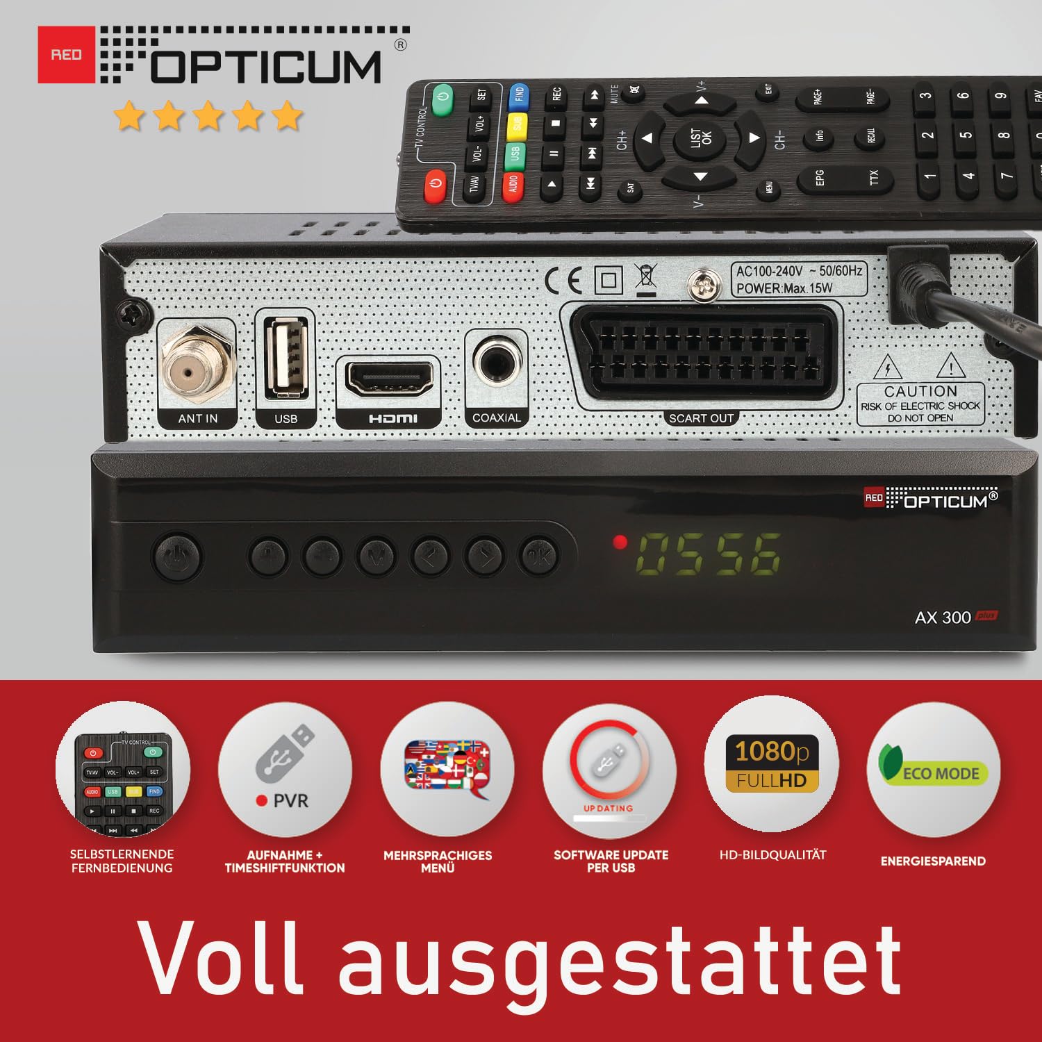 RED OPTICUM AX 300 Plus Sat Receiver mit PVR I Digitaler Satelliten-Receiver HD 1080p - HDMI - SCART - USB - Coaxial Audio I Receiver für Satellitenschüssel Schwarz
