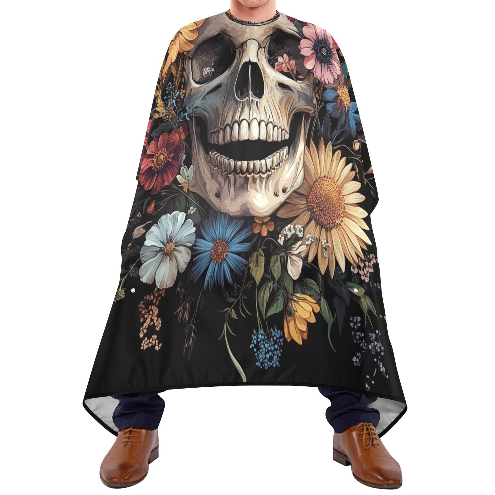 Skull Flowers Barber Cape Waterproof Polyester Hair Cutting Salon Cape Adjustable Neckline Hair Hair Cutting Beard Hairdressing Cape Accessories 55×64 Inch-image-3