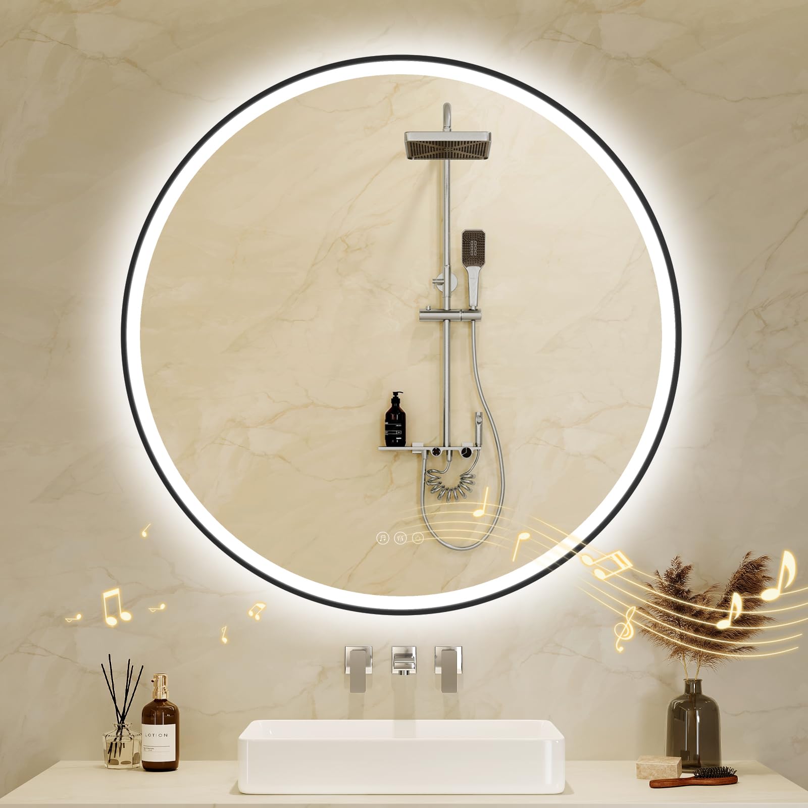 Bathroom Mirror with LED Lights 80x80cm: Round LED Bathroom Mirror with Bluetooth, Anti-Fog, Touch Sensor, 3 Colors Dimmable, Memory Function Illuminated Bathroom Wall Mirror Black Metal Frame — image 1