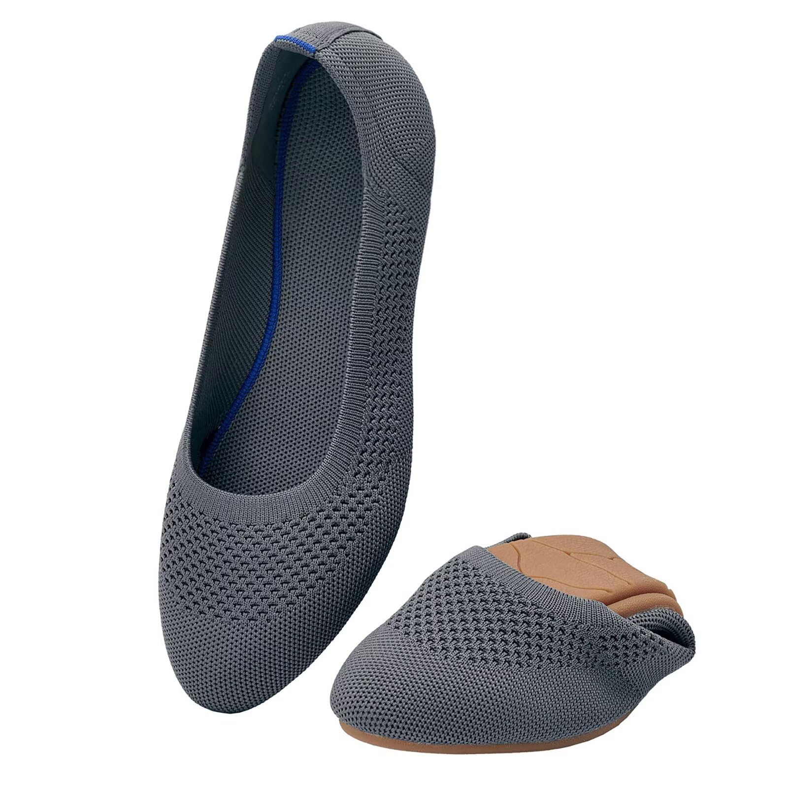 Puxowe Damen Strick-Ballerinas mit Rundkappe Flache Slip-On Schuhe Superweich für Komfort Bequem für Spaziergänge Niedriger Keilabsatz Lässiger Stil