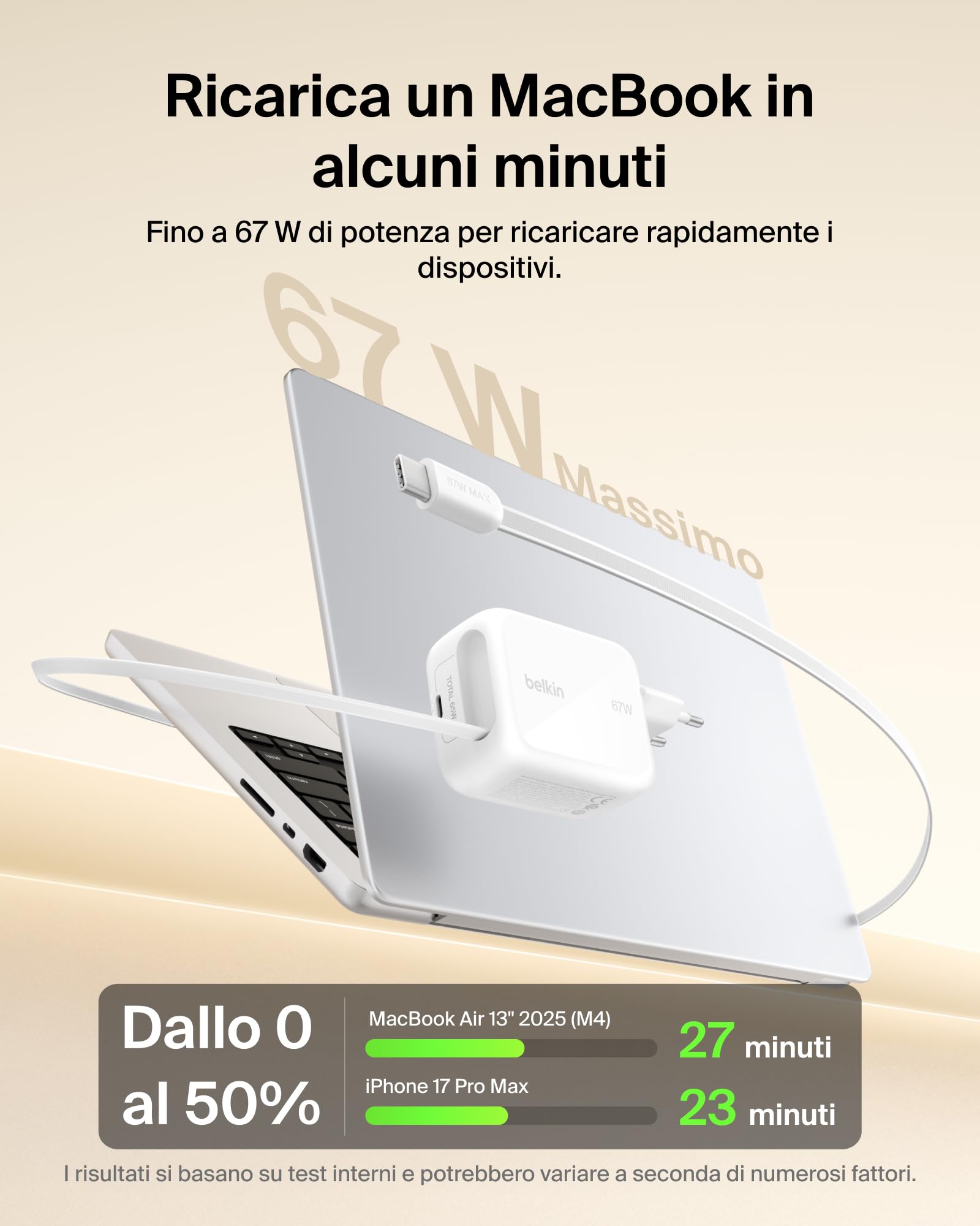 Belkin Caricabatterie USBC GaN 67W con Cavo USB-C Retrattile 1m e Porta USB C, Caricatore per iPhone, Ricarica Rapida per iPhone 17, 16 Series, Galaxy S26 Series, AirPods, Tablet, MacBook e Chromebook