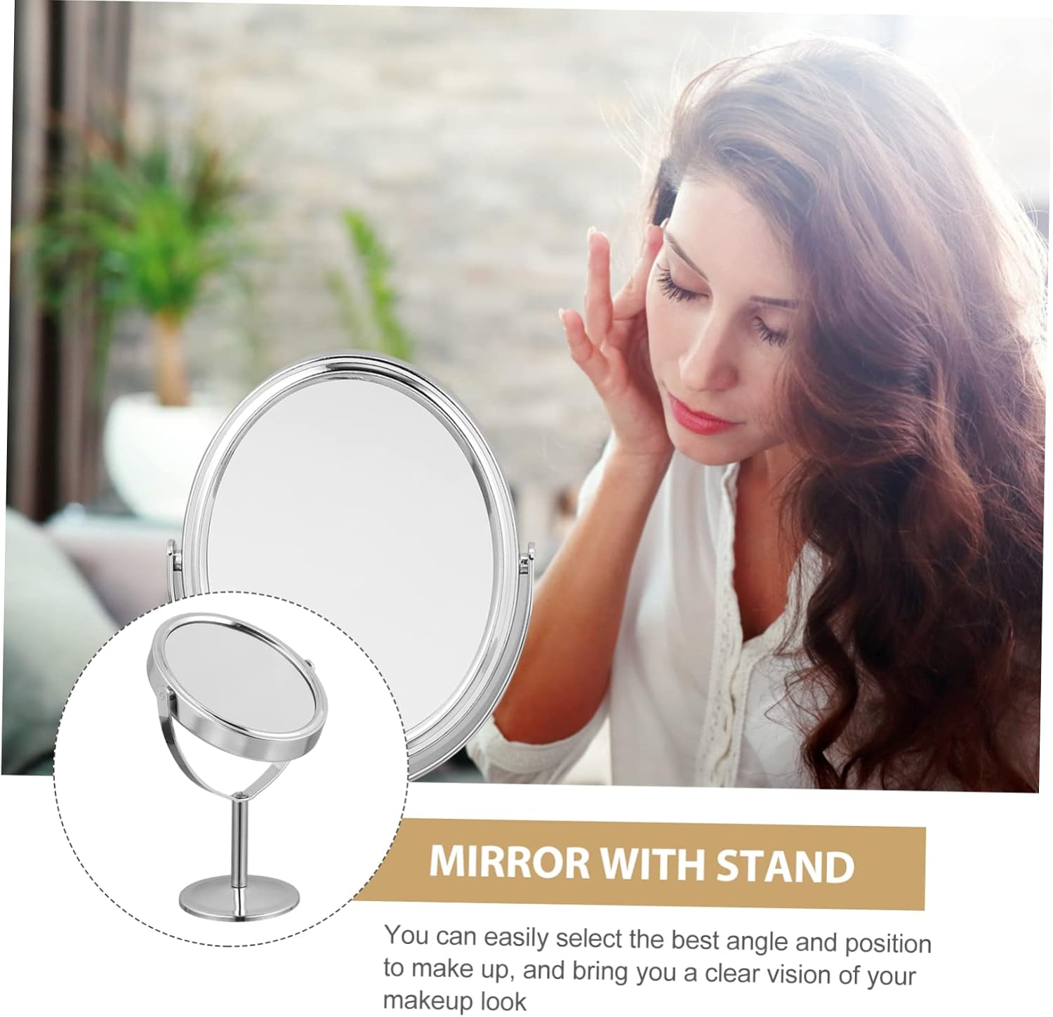 Double-Sided Makeup Mirror with Stand Elegant Silver Vanity Mirror for Desktop Portable for Bathroom Bedroom and Travel