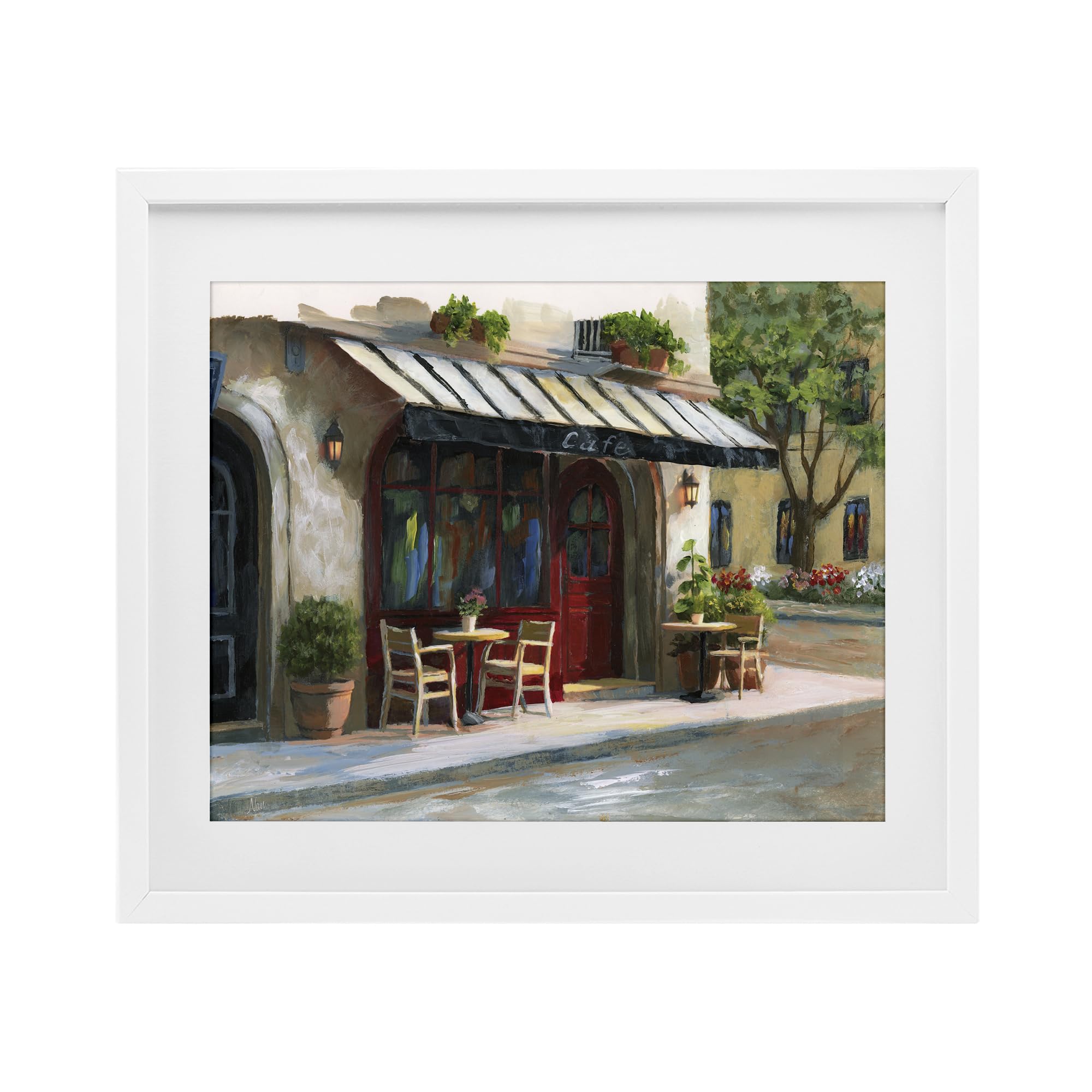 Stupell Industries Coastal White (Textured) 'Charming Sidewalk Cafe Tables'| Framed Print Under Glass