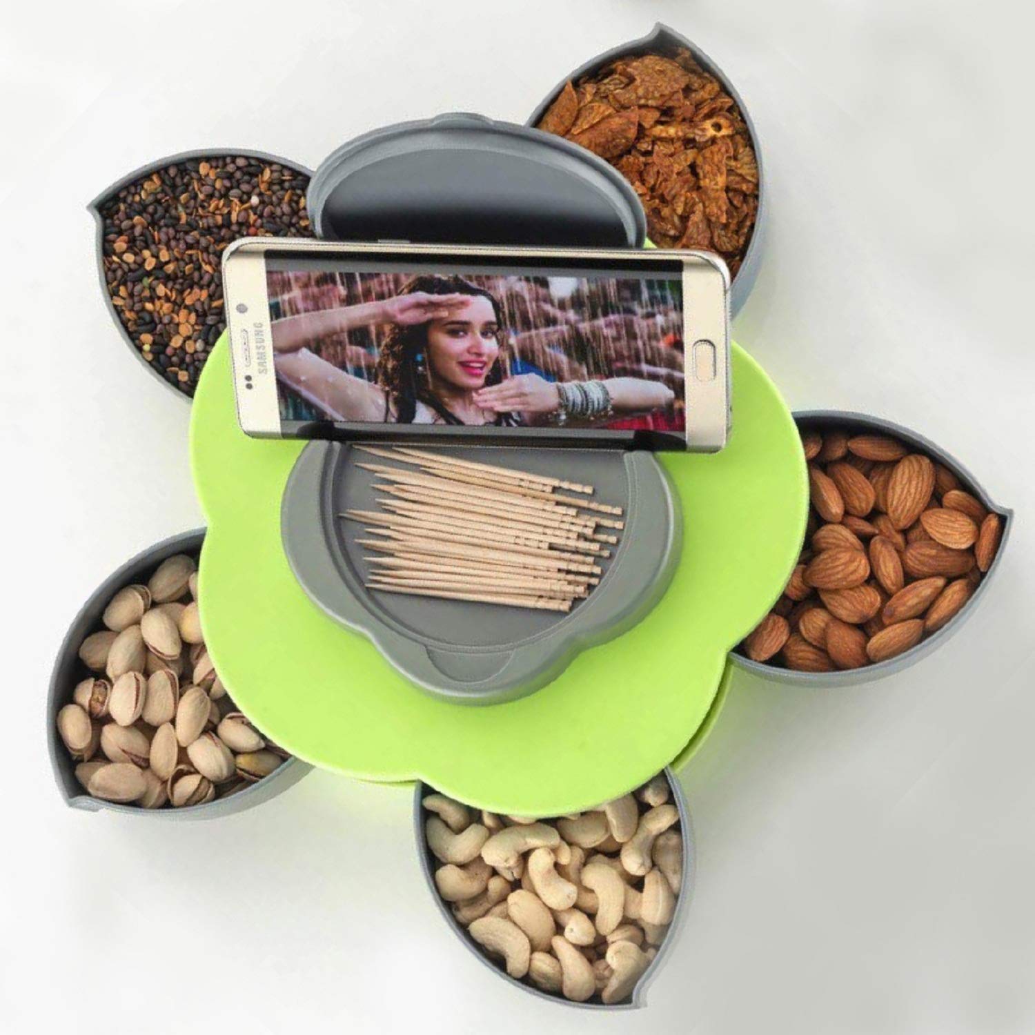 Aseenaa Candy Box Flower Shape | Multipurpose 6 Compartment Food Storage Jar | Green Parrot Colour | Tableware Serving Rotating Tray for Dry Fruit, Candy, Chocolate, Snacks and More Items