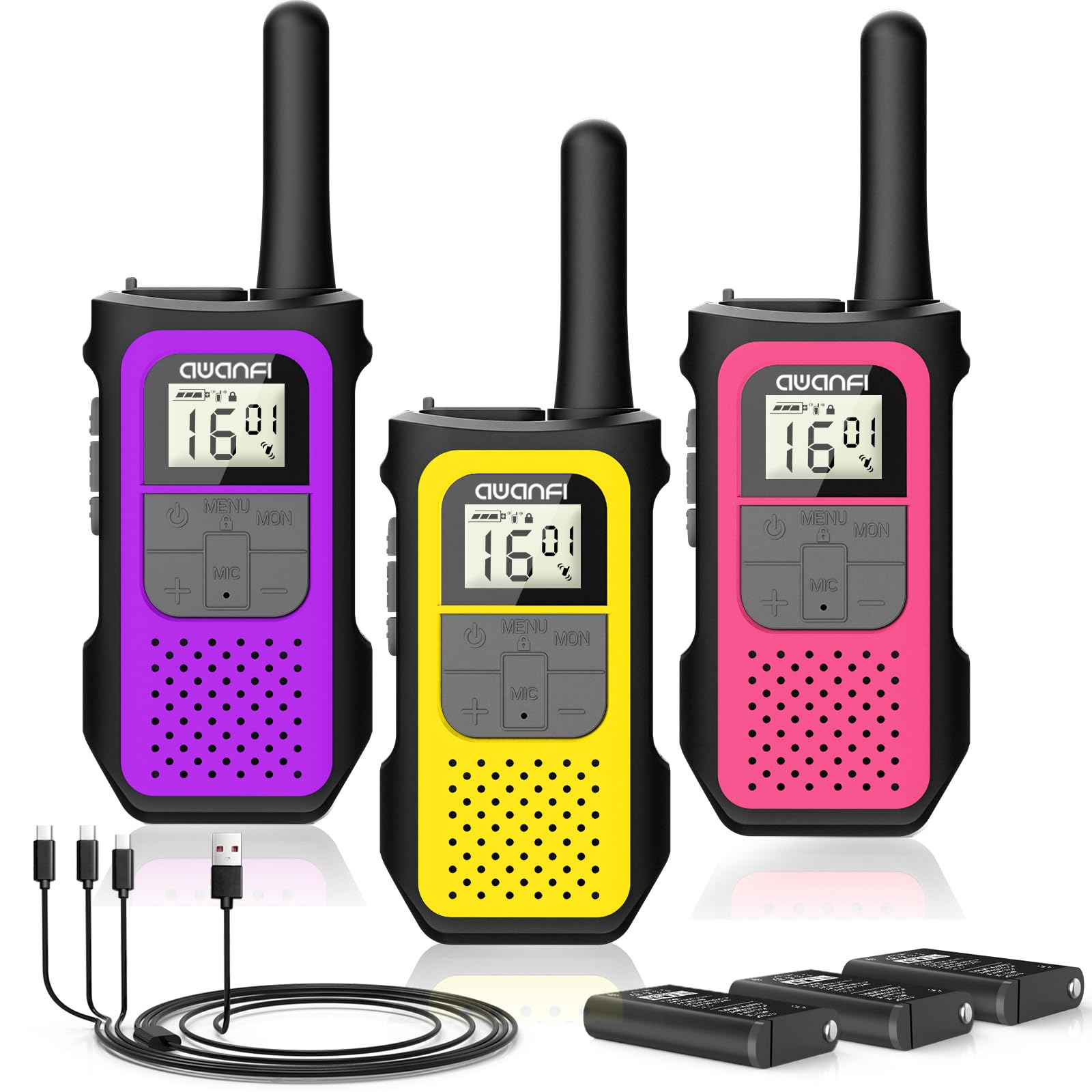 Walkie Talkies 3 Pieces Long Range Walkie Talkies Kids Adults Rechargeable Walkie Talkies USB C Lithium Battery with 16 Channels for Camping, Hiking, Biking, Gift for Girl and Boy - 1