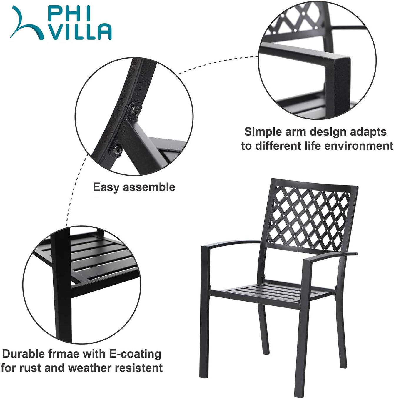PHI VILLA 5-Piece Metal Patio Outdoor Table and Chairs Dining Set- 37" Square Bistro Table and 4 Backyard Garden Chairs, Table with 1.57" Umbrella Hole : Patio, Lawn & Garden