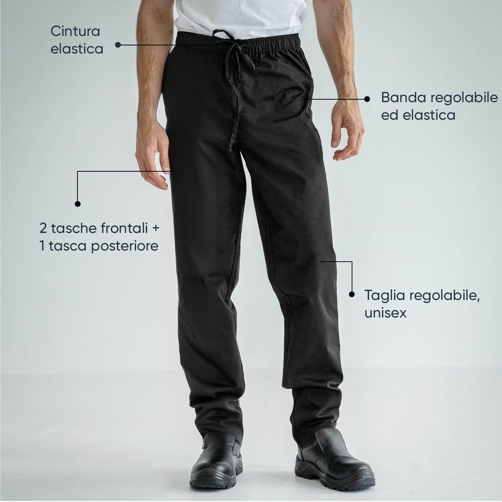 PALLTEX Carlo Pantaloni Cuoco Uomo con Coulisse e Taglia Elastica Pantaloni Cuoco EN 1368, Nero, XS