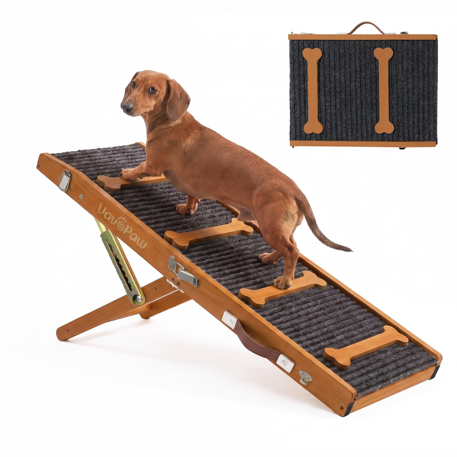 VavoPaw Rampa Mejorada para Perro, Rampa Plegable para Perros Pequeños para Camas, 7 Alturas Ajustables de 3,9"-18,9" con Almohadilla Antideslizante, Escaleras para Mascotas de hasta 33 LBS, Nuez