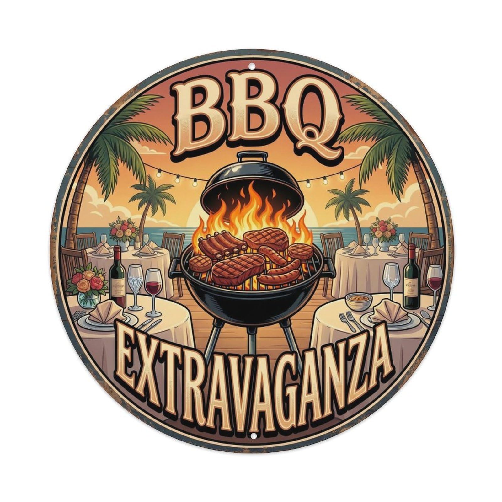Yrnq Vintage Style-11 Vintage Bbq Barbecue Extravaganza Artwork Metal Tin Sign Plaque Wall Decor For Cafe, Club, Garden Round Metal Poster 8X8inch