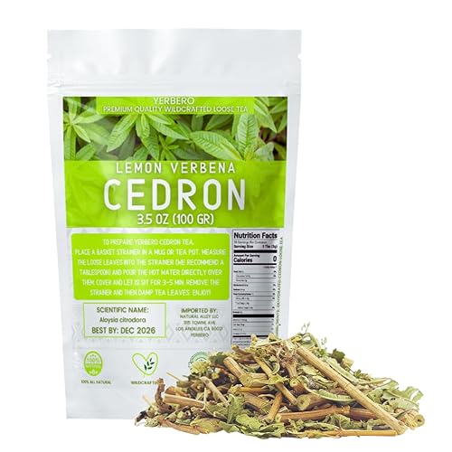 Yerbero - Té de cedro 3.5 oz (100 gr) Aloysia citrodora Té suelto de verbena de limón Bolsa resellable de pie hecha a mano por Nature100% té