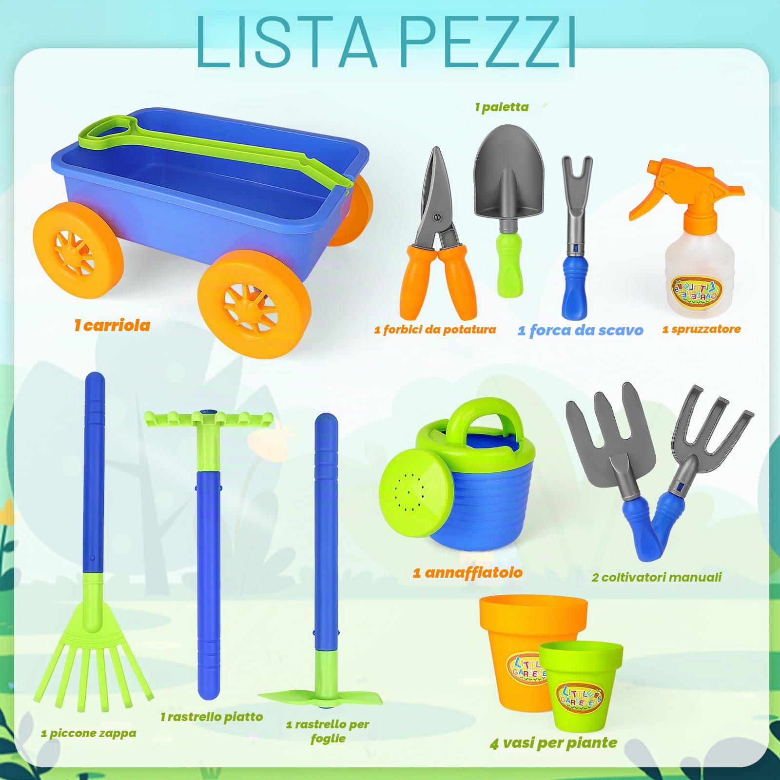 deAO Carriola e attrezzi da giardinaggio per bambini, include 10 accessori e 4 vasi per piante