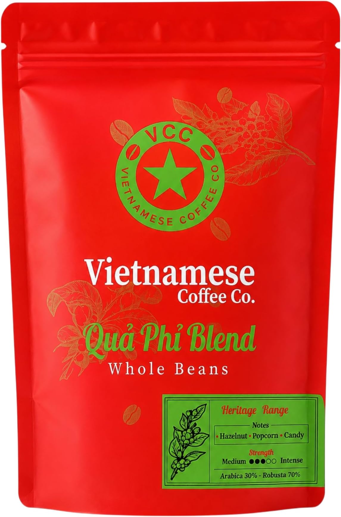 Beans โ Quแบฃ Phแป Blend by Vietnamese Coffee Co โ 70% Robusta & 30% Arabica โ Medium Dark Roast Whole Beans โ Hazelnut Coffee โ for Espresso, Bean to Cup Machines & Phin Filter โ 220g