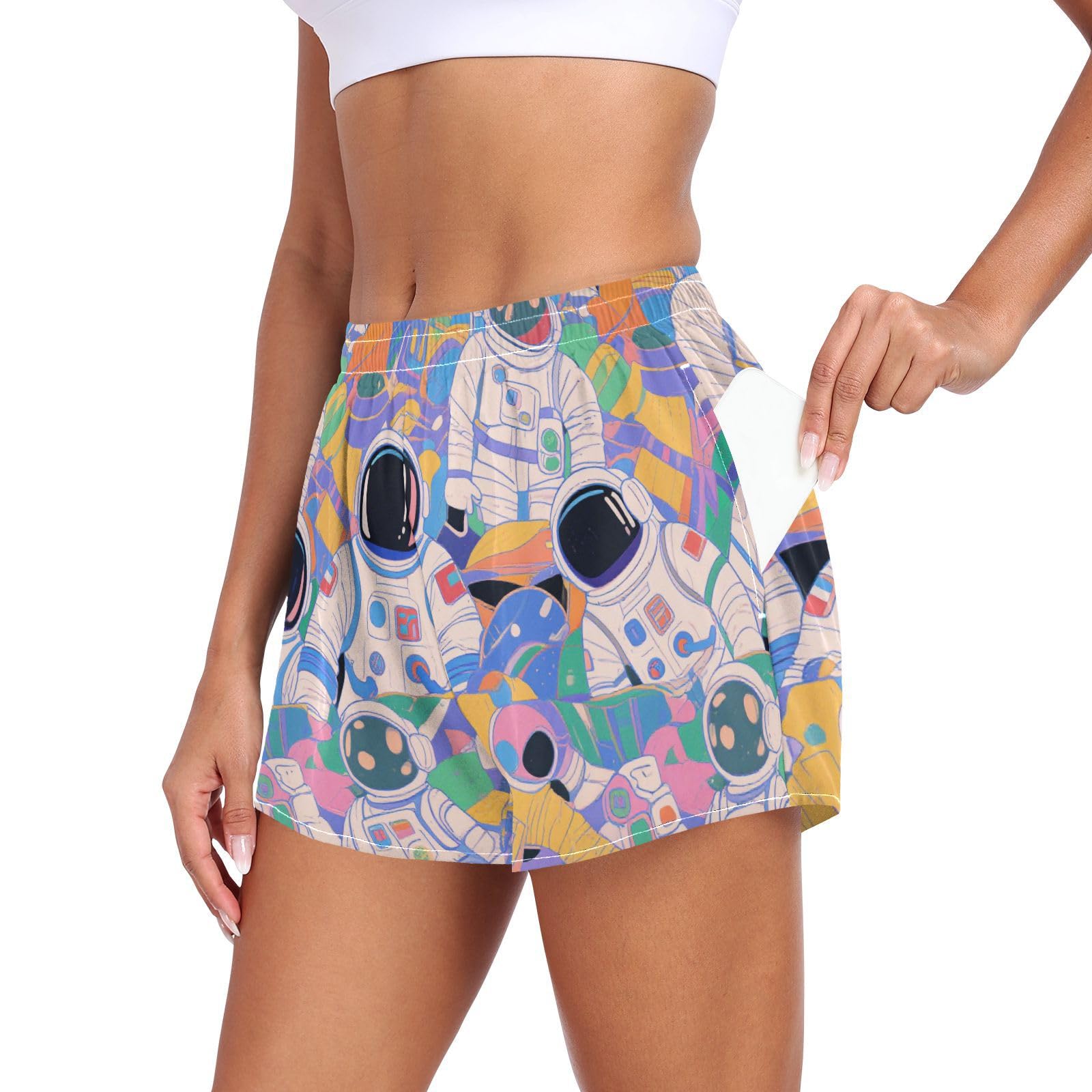 EtherSpher Colorful Cartoon Cute Astronauts Womens Athletic Shorts with Pockets Teens Sport Shorts for Running Yoga Sports Beach ropa para hacer ejercicio L