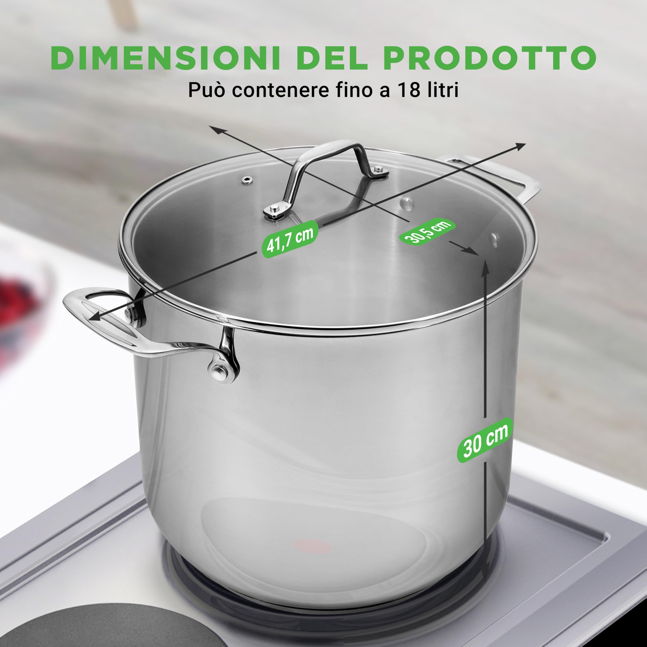 NutriChef Pentola in Acciaio Inox da 18 Litri, Grado Alimentare 18/8, Pesante, Adatta per Induzione, Ideale per Stufati, Cottura Lenta e Zuppe, con Coperchio Trasparente e Lavabile in Lavastoviglie