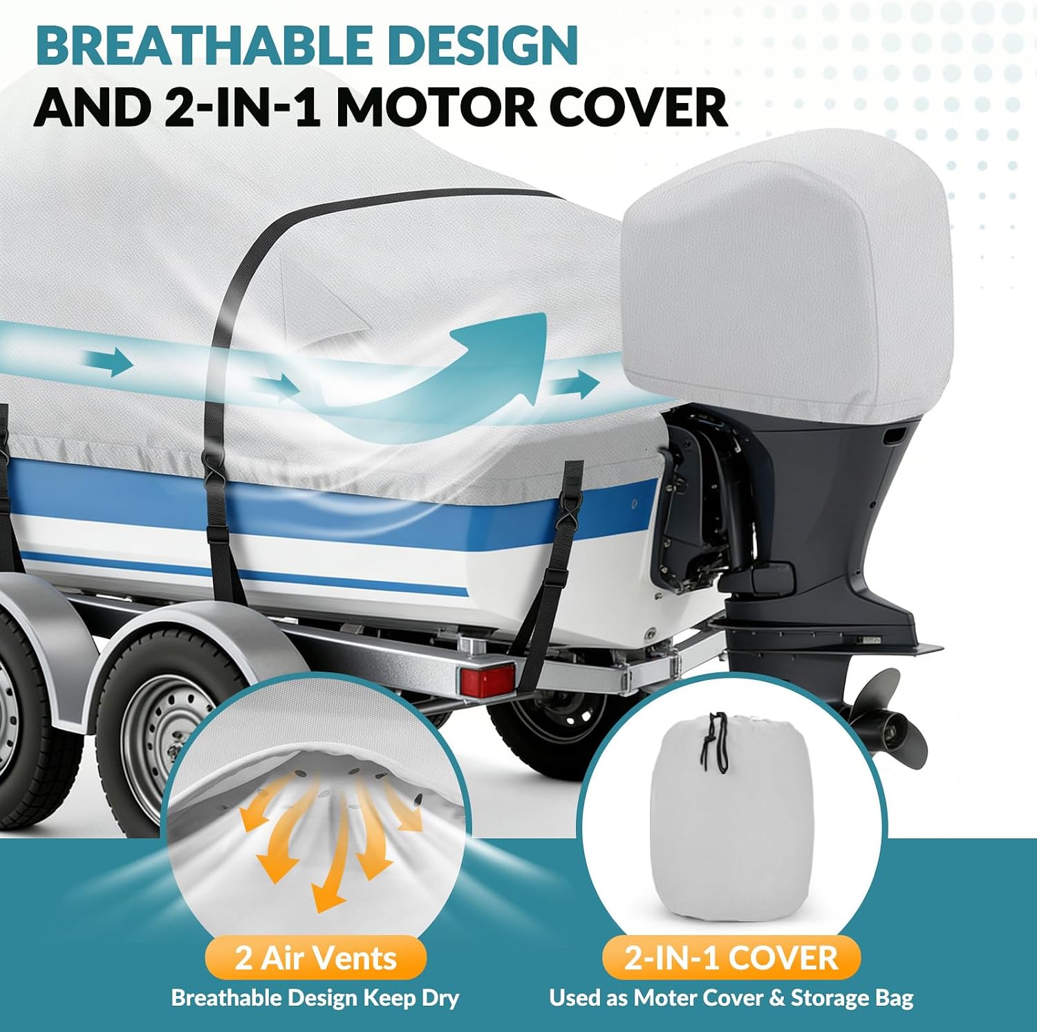 Boat Cover 16-18.5 FT,1200D Trailerable Boat Cover 16 17 18 Foot with Metal Hooks & Motor Cover- Fit 16 to 18.5ft V-Hull, Tri-Hull, Fishing Boats, Bowrider, Fish & Ski and Pro-Style Bass Boats