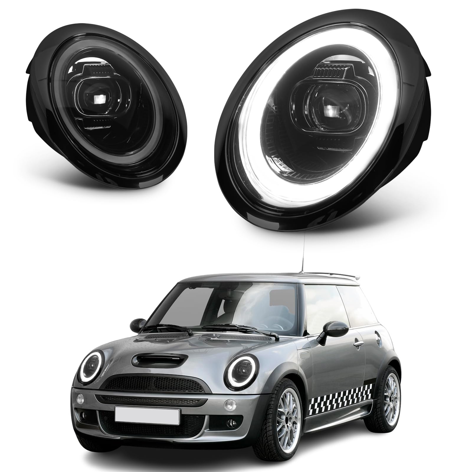 LED Fanali anteriori compatibili con Mini Hatchback Convertible R50 R52 R53 2001-2007,Fari con DRL blu respirante e freccia sequenziale, Nera