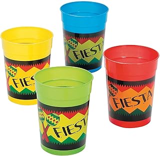 Fun Express Bright Fiesta Plastic Cups, Set of 12 Disposable Cups, Each Holds 10 oz, BPA Free Plastic, Cinco de Mayo Party Supplies, Multi-Color