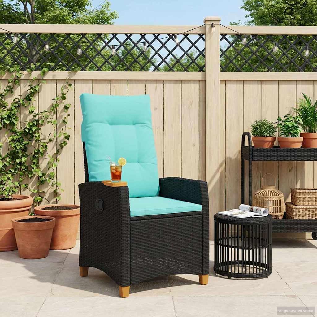 Leżak z talerzem do herbaty, polirattan, odporny na warunki atmosferyczne, krzesło ogrodowe, 62 x 64 x 112 cm, regulowany, na taras, balkon, do użytku na zewnątrz, ze stalową ramą i