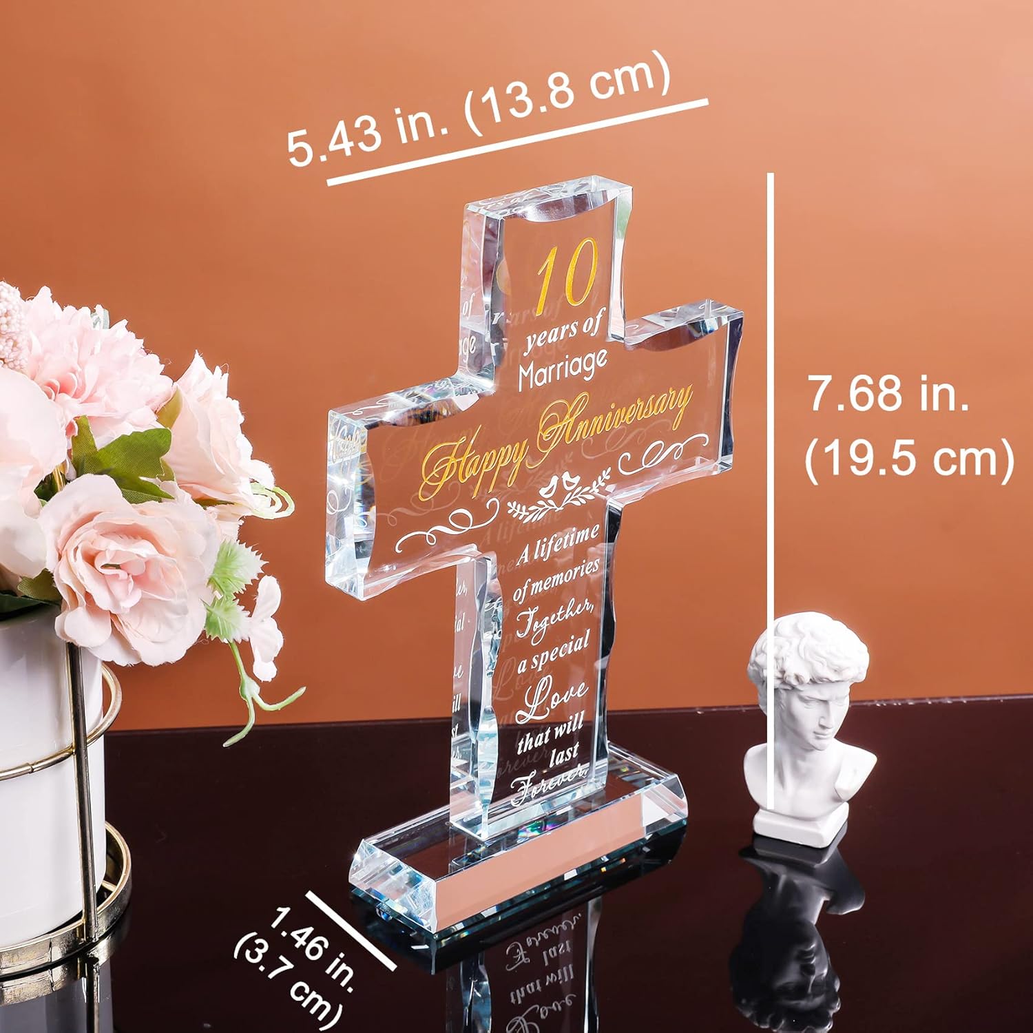YWHL Happy 10 Year Anniversary Glass Cross Gifts for Wife, 10th Wedding Anniversary Religious Gifts for Couple, Home Party Decoration