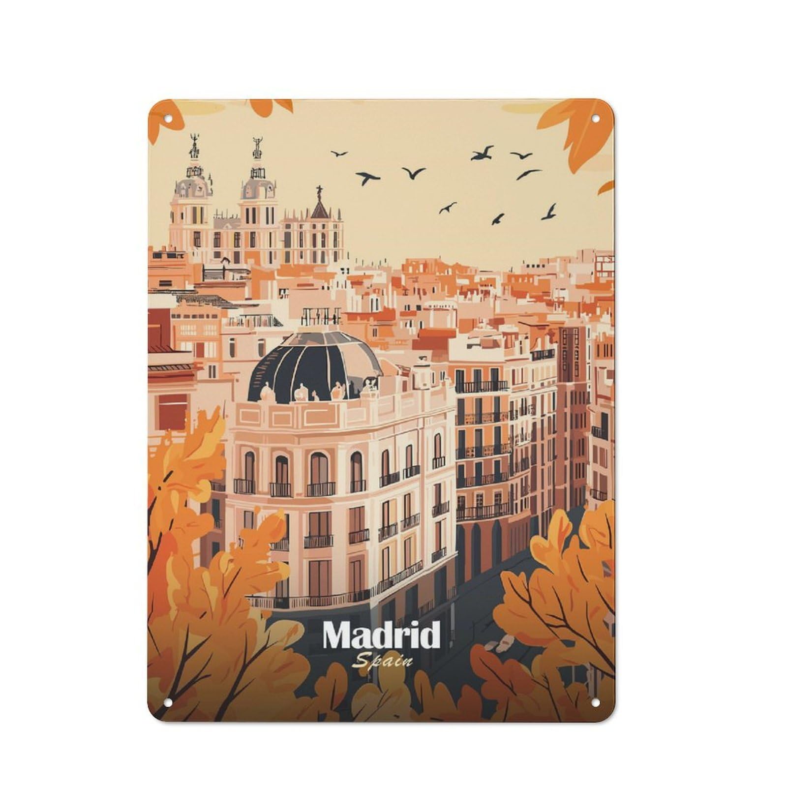 Junmoney Style-15 For Living Room Or Hallway, Madrid Cityscape Illustration Vintage Metal Sign 40X30cm, For Metal Sign Collectors, For Garage And Workshop Walls