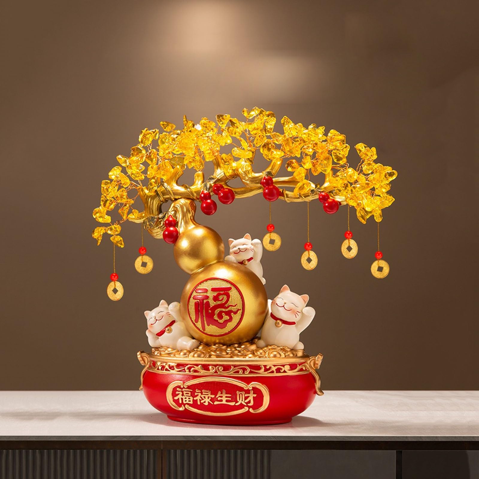 Albero di Cristallo Decorazione Feng Shui dell'albero dei Soldi di Cristallo Bonsai di Zucca Gatto Fortunato for ricchezza e prosperità Albero di Cristallo Decorazione Feng Shui(Orange)