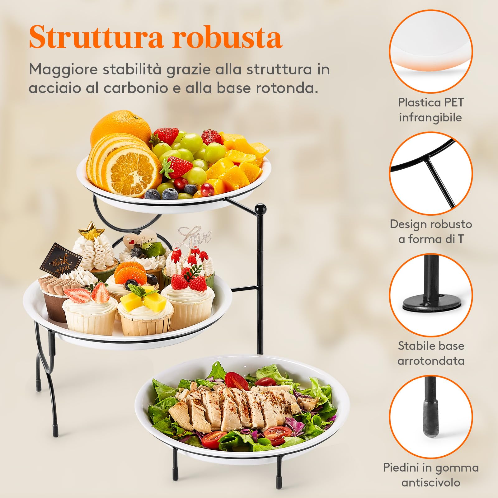 Lifewit Vassoio da Portata con 3 Piatti Rotondo, Rotondo Vassoio Plastica, Alzate per Buffet Dolci, Portafrutta da Tavolo, Cucina Decorativo,Vassoi e Piatti con Ripiani, Rastrelliera in Metallo Nero
