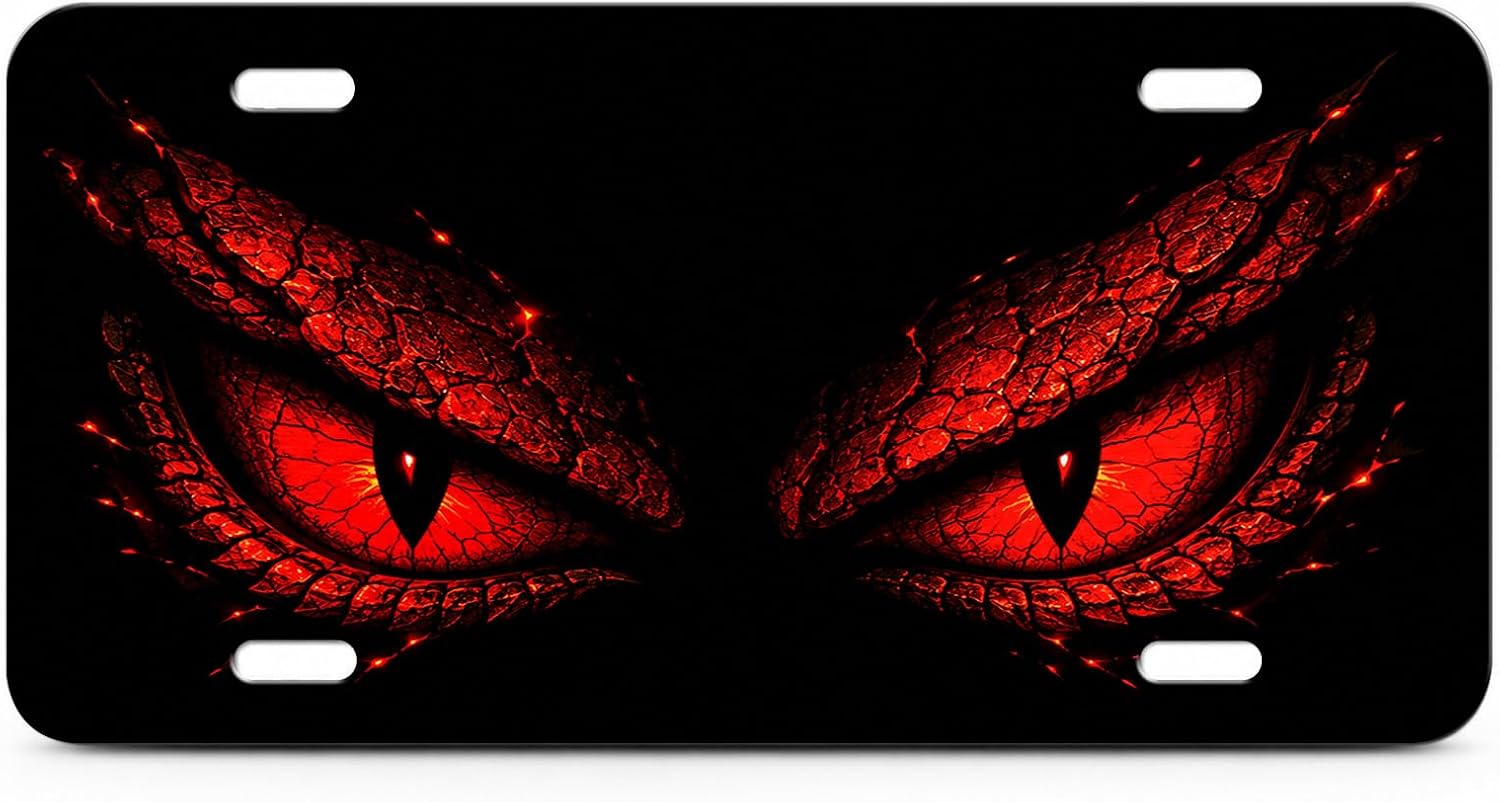 Red Dragon Eyes Front License Plate Cover, Aluminum Decorative Car Vanity Tag Funny Novelty Metal Plate 6"x12" with 4 Holes for Men and Women