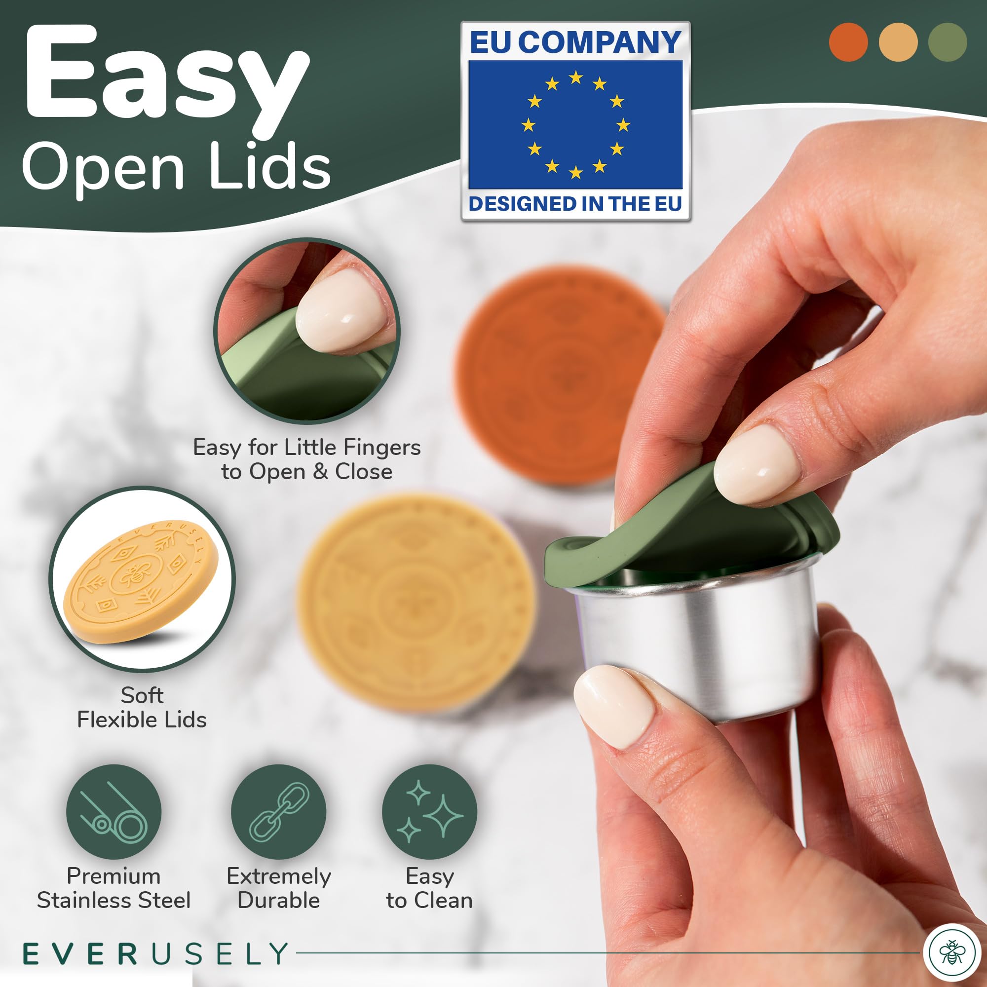 Everusely Stainless Steel Condiment Containers, 3-Pack, Muted