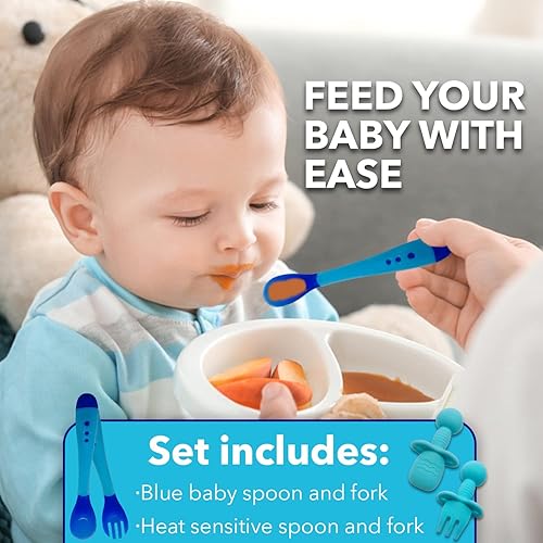 Miniatura 9 de Gadgetime USA Juego de 4 piezas de cucharatenedor de silicona y utensilios para bebés sensibles al calor, para entrenamiento de niños pequeños y