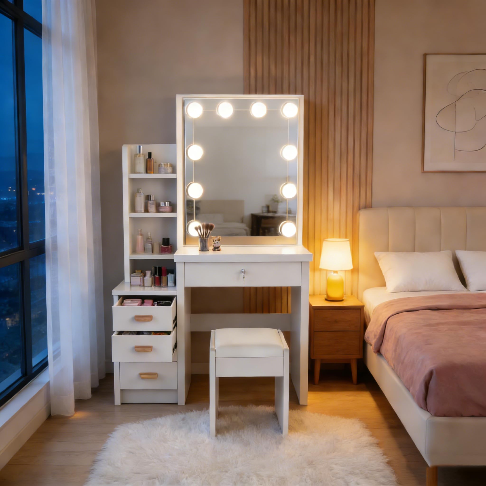 Coiffeuse Maquillage avec Miroir LED, Luminosité Réglable 3 Couleurs, Table de Maquillage avec Tabouret, 4 Tiroirs & 7 Étagères, Coiffeuse Moderne Bois Blanche pour Chambre Nouvelle Version